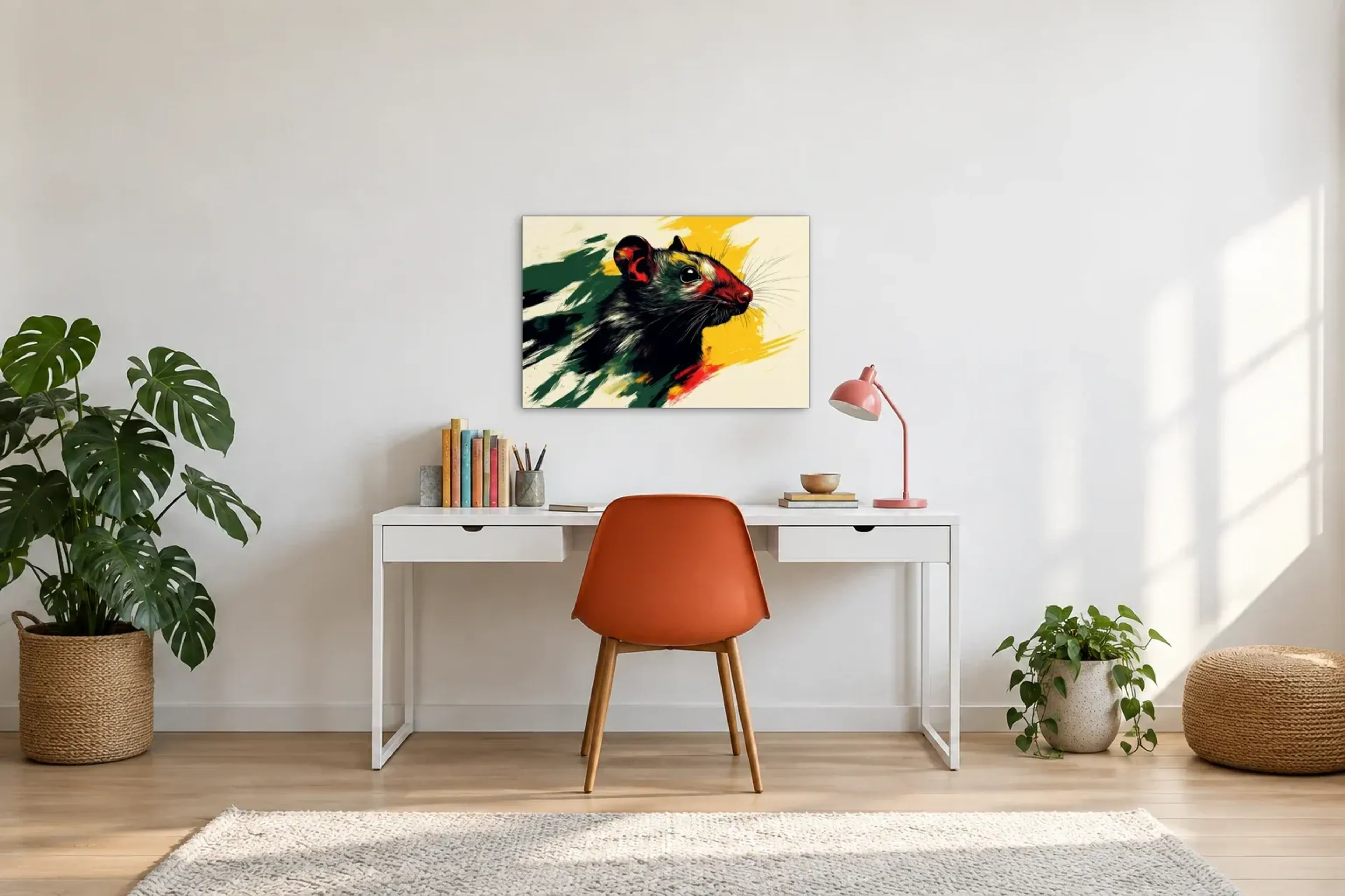 Ratte in Farbe als Wandbild über einem 140-cm-Schreibtisch