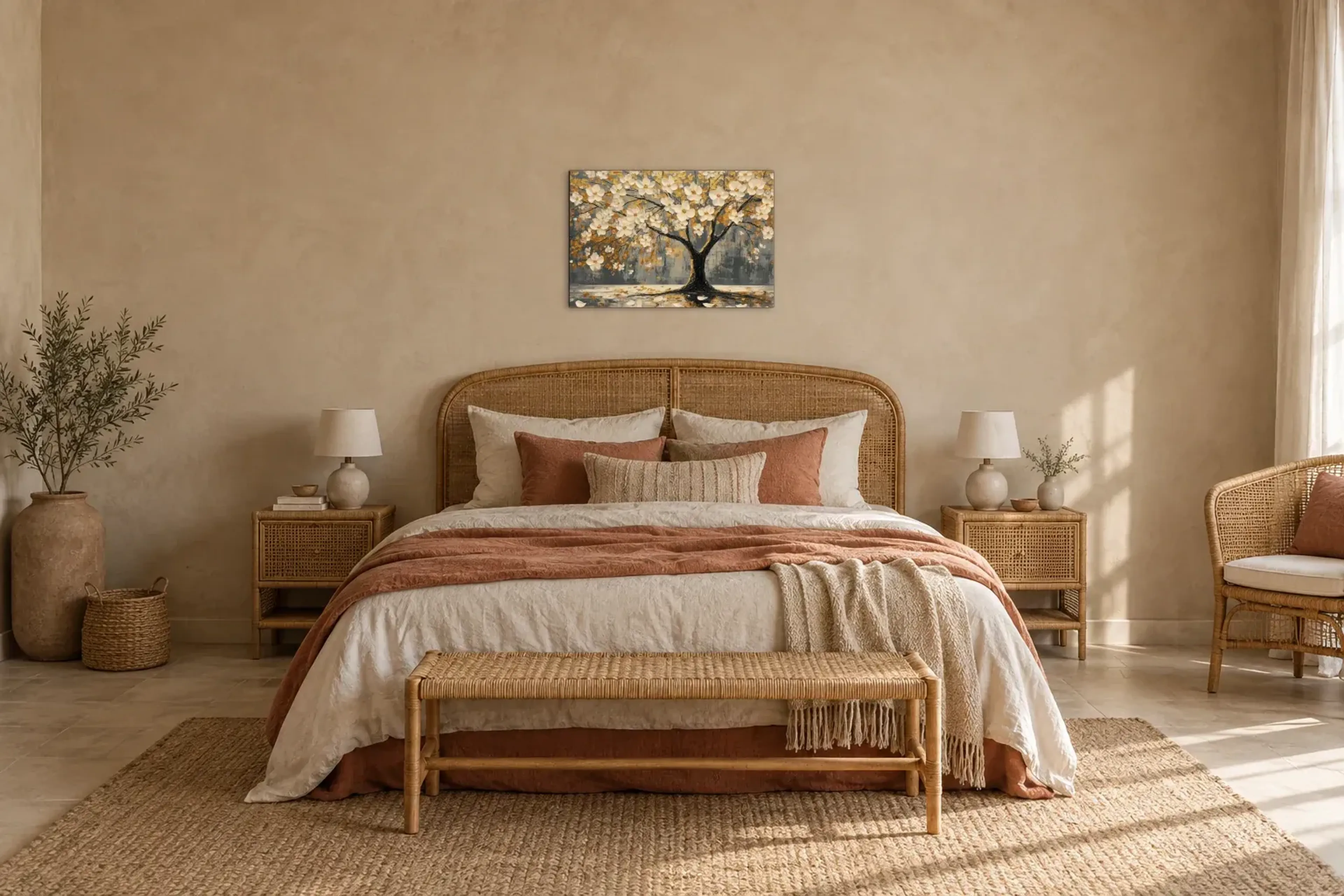 Blütenbaum mit Goldakzenten als Wandbild über einem 180-cm-Bett