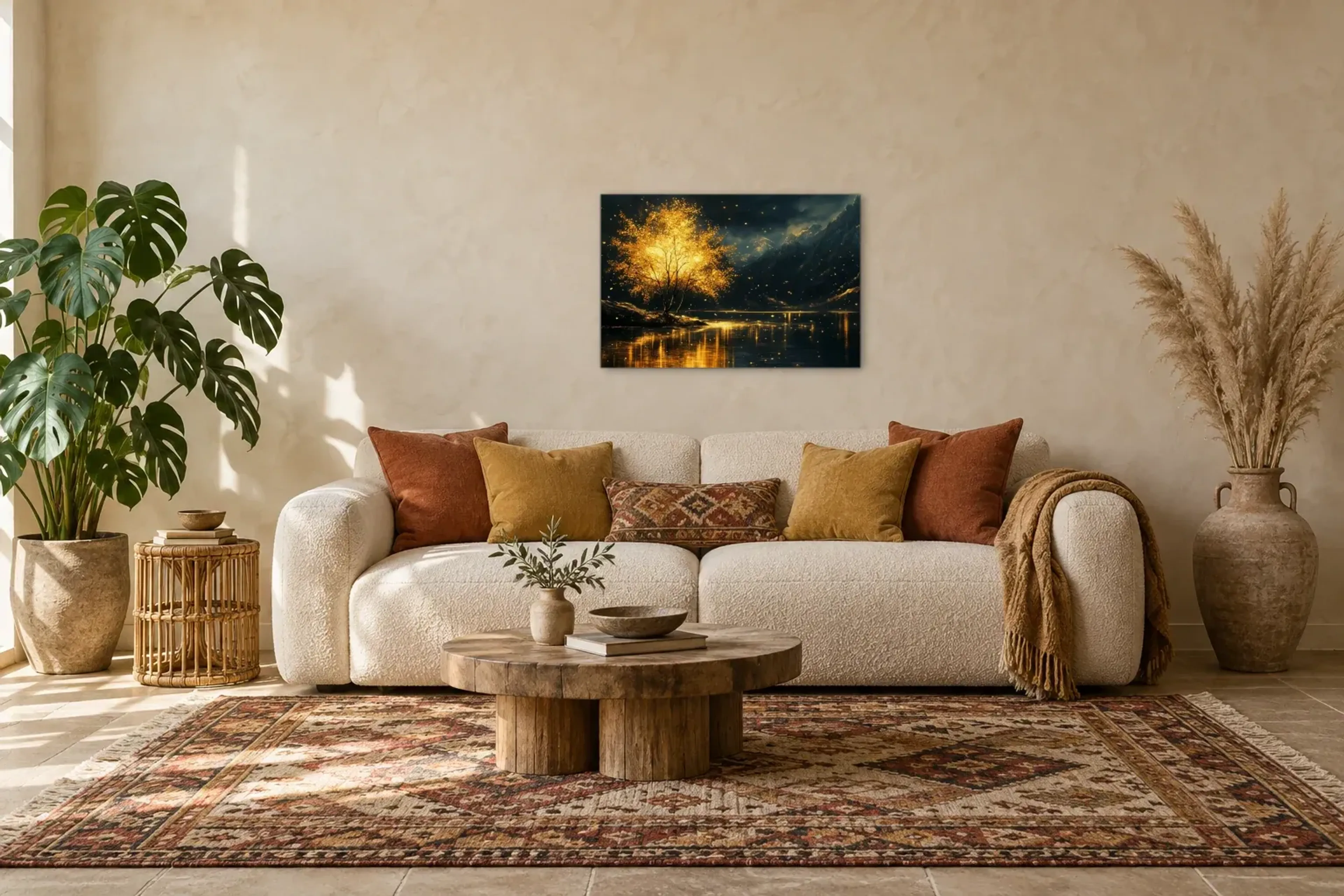 Baum des Feuers als Wandbild über einem 220-cm-Sofa