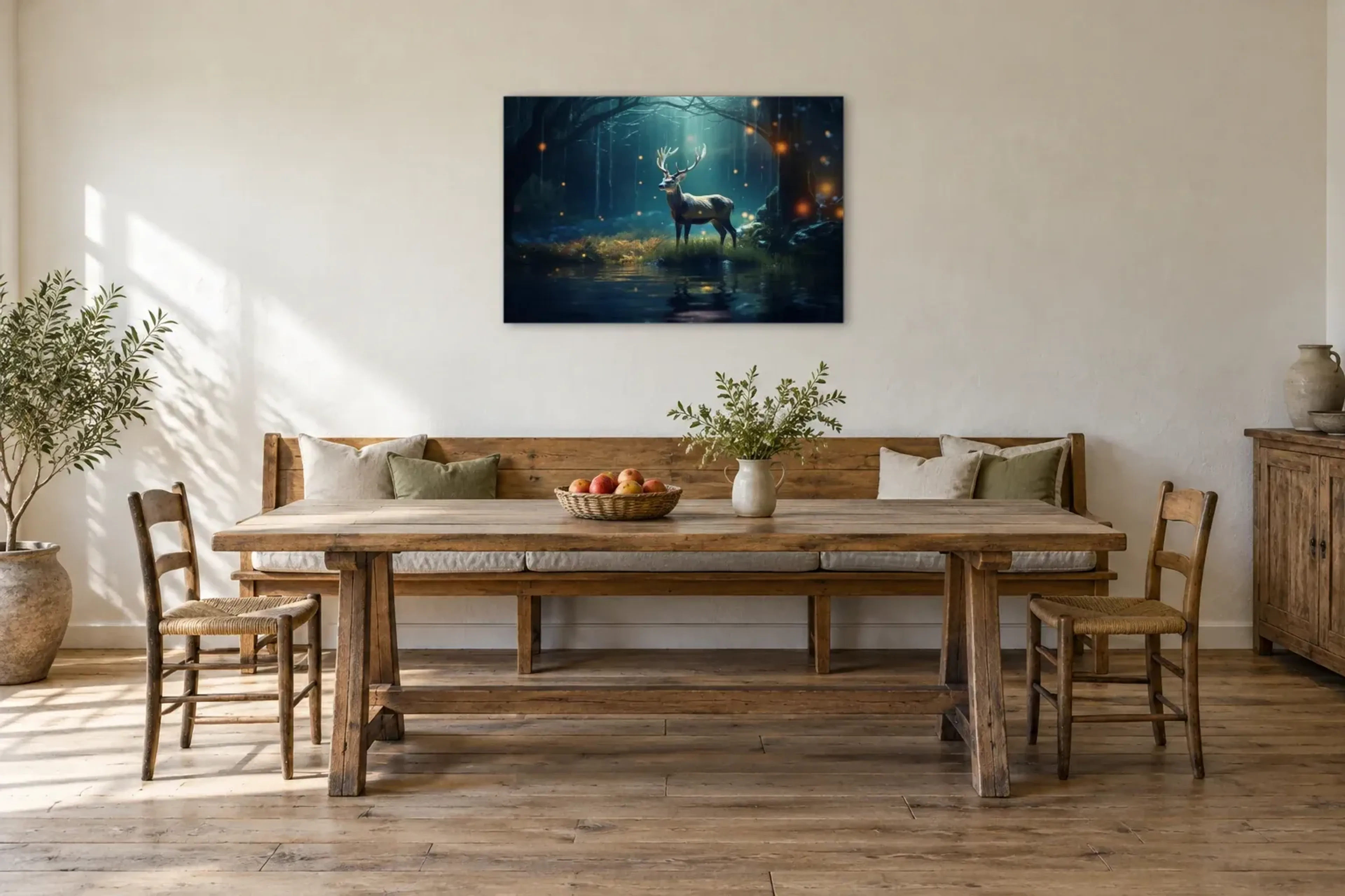 Hirsch am nächtlichen Wasser als Wandbild über einer 200-cm-Sitzbank