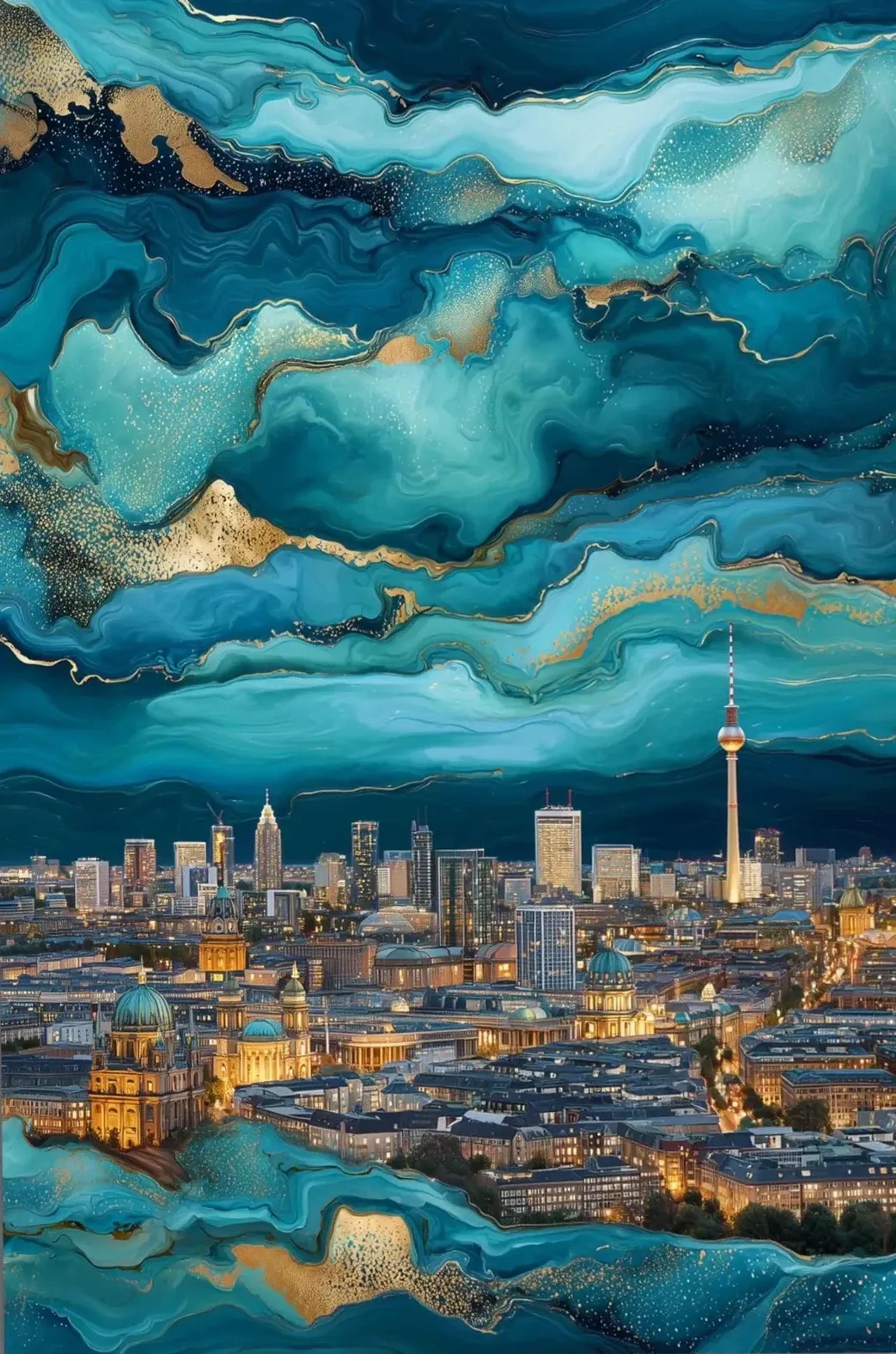 Berlins beleuchtete Stadtlandschaft mit Dom und Fernsehturm ist von türkisfarbenen und goldfarbenen Mustern umgeben.