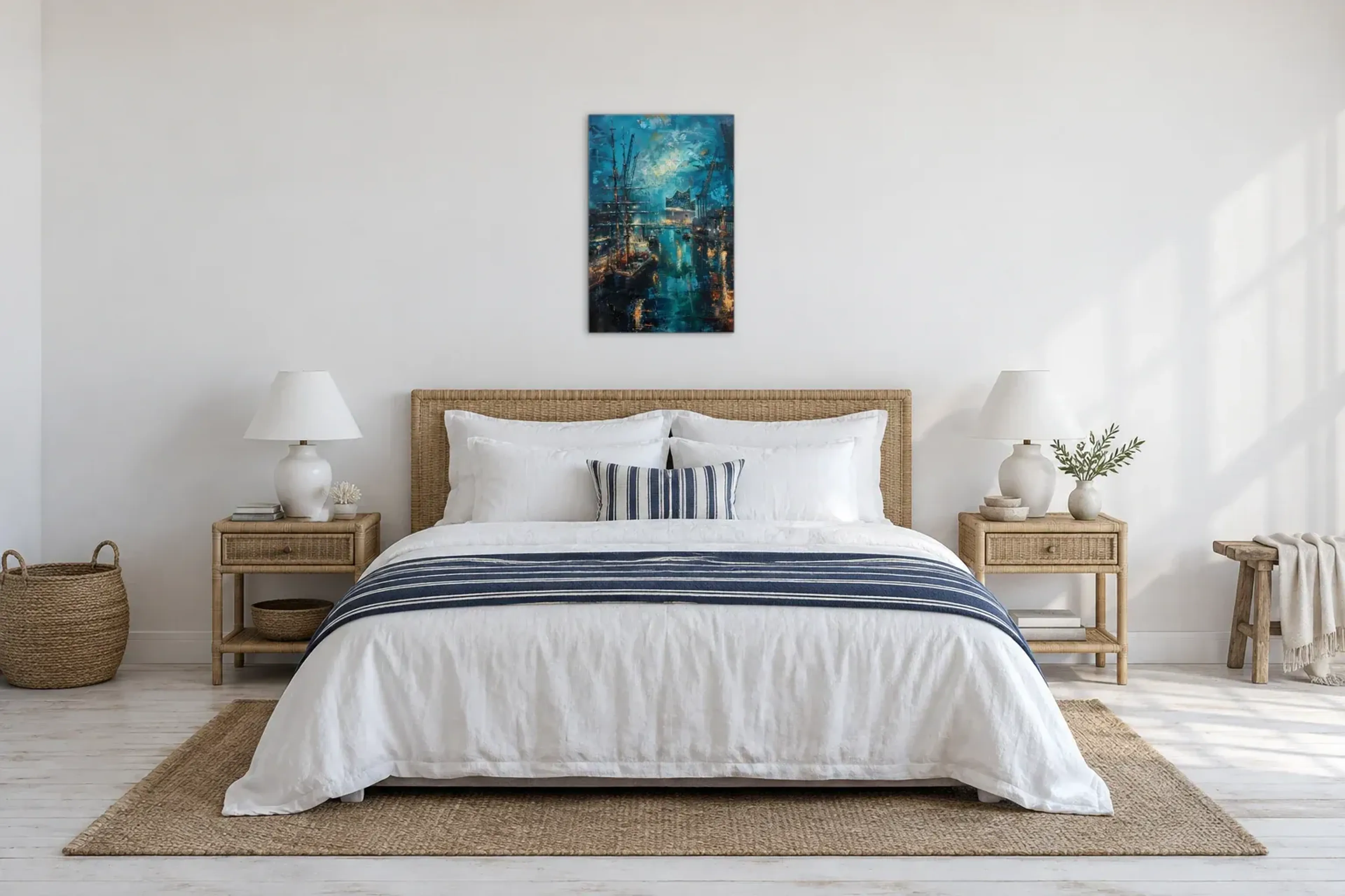Elbphilharmonie in Türkis als Wandbild über einem 180-cm-Bett