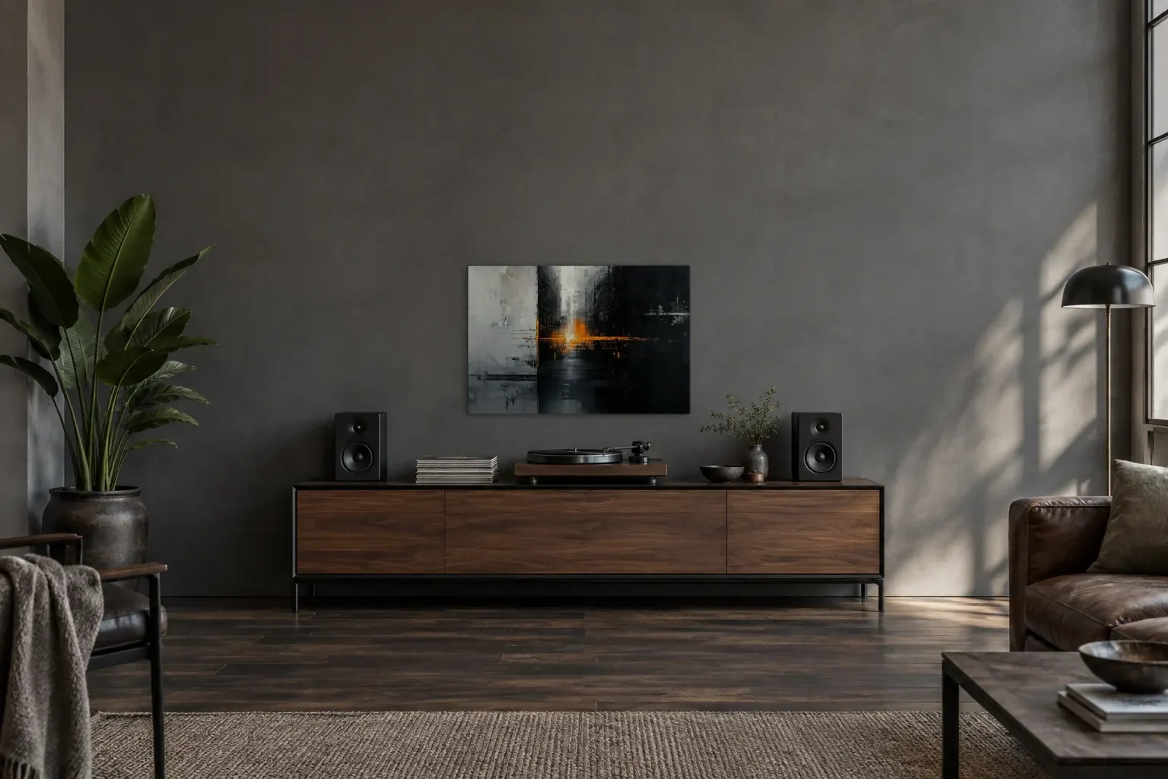 Stadt im Abendglühen als Wandbild über einem 200-cm-Sideboard