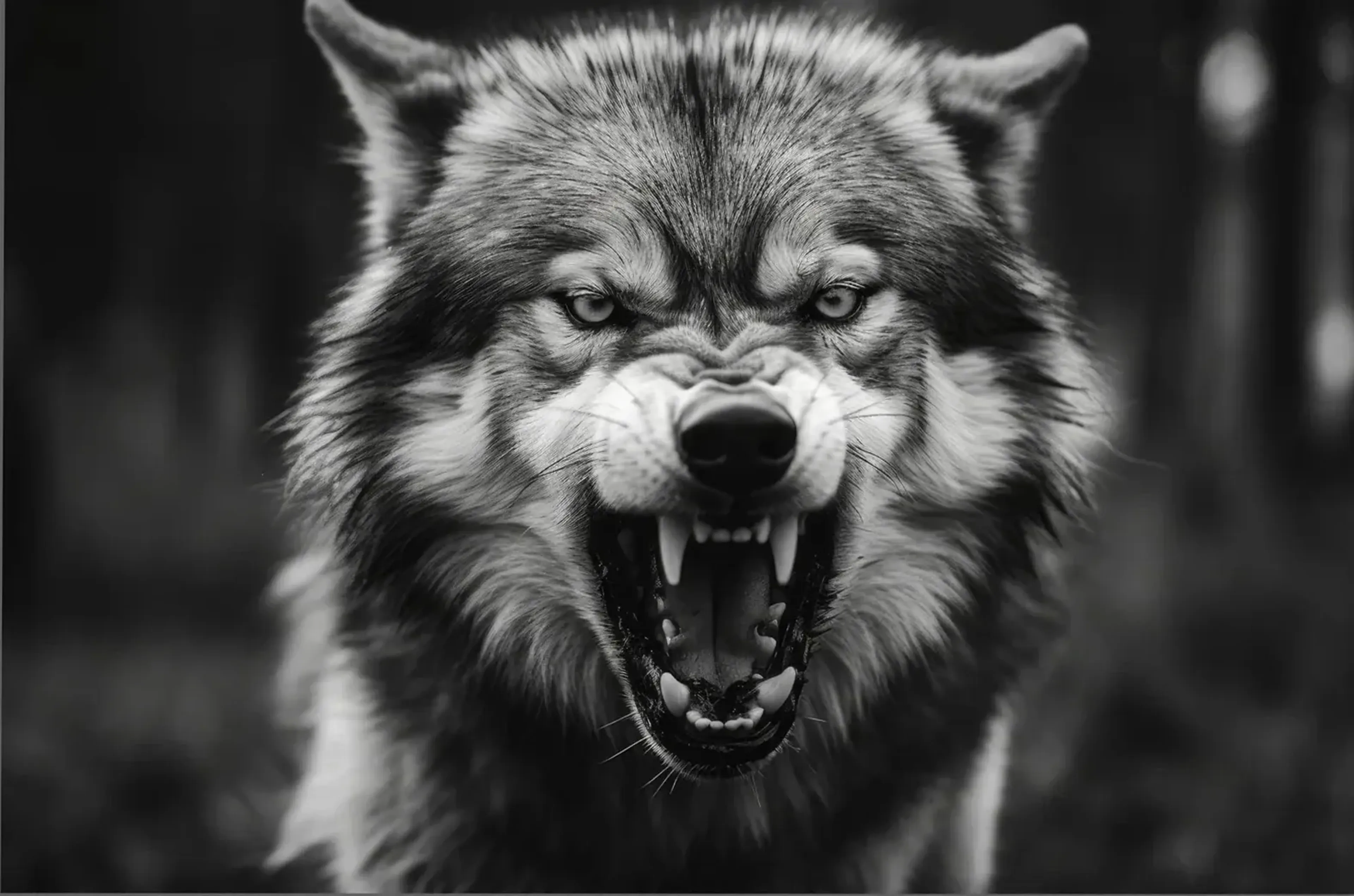 Ein Wolf zeigt frontal sein geöffnetes Maul und die Zähne, dargestellt in Schwarz-Weiß vor unscharfem Wald.