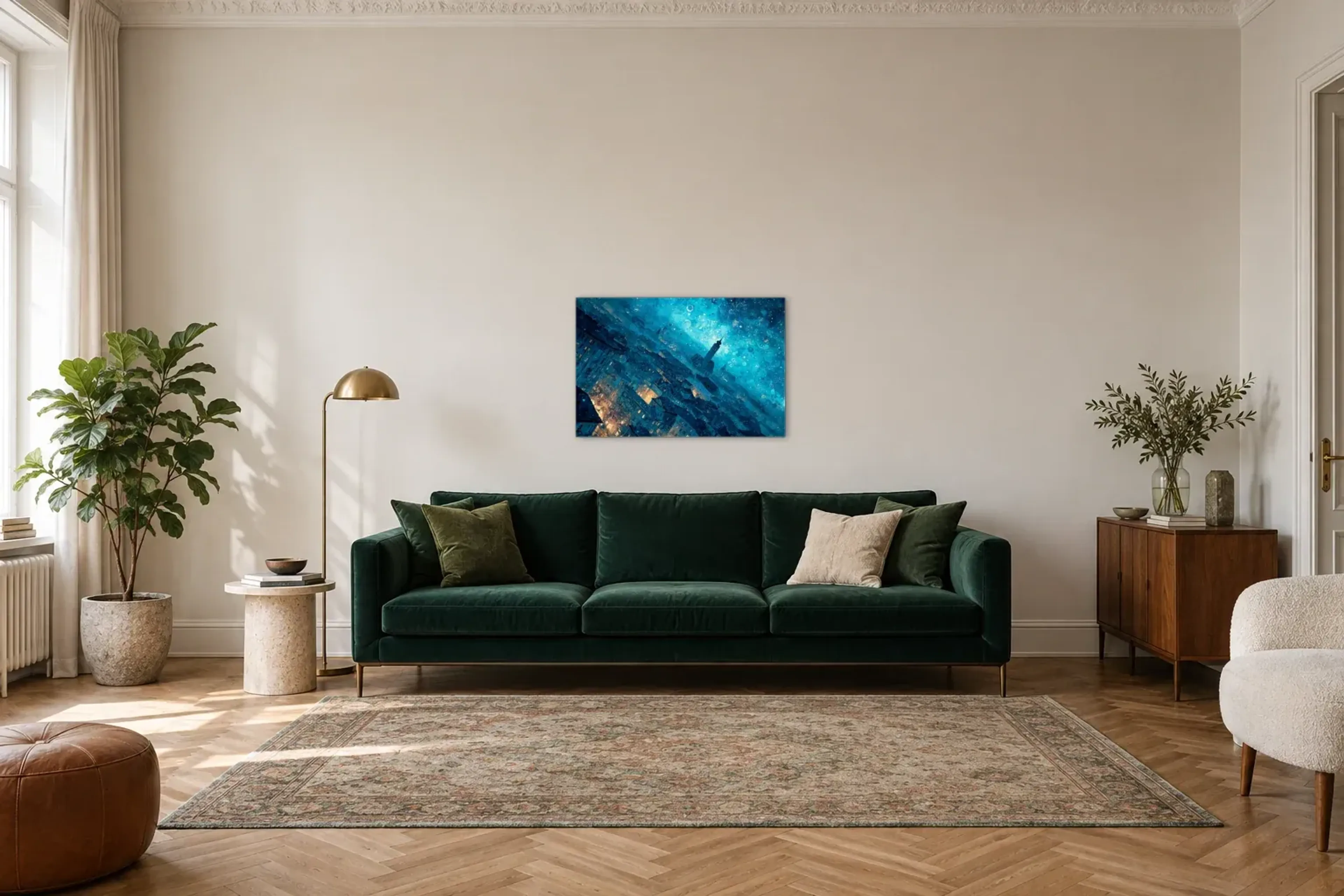 München im blauen Wirbel als Wandbild über einem 220-cm-Sofa
