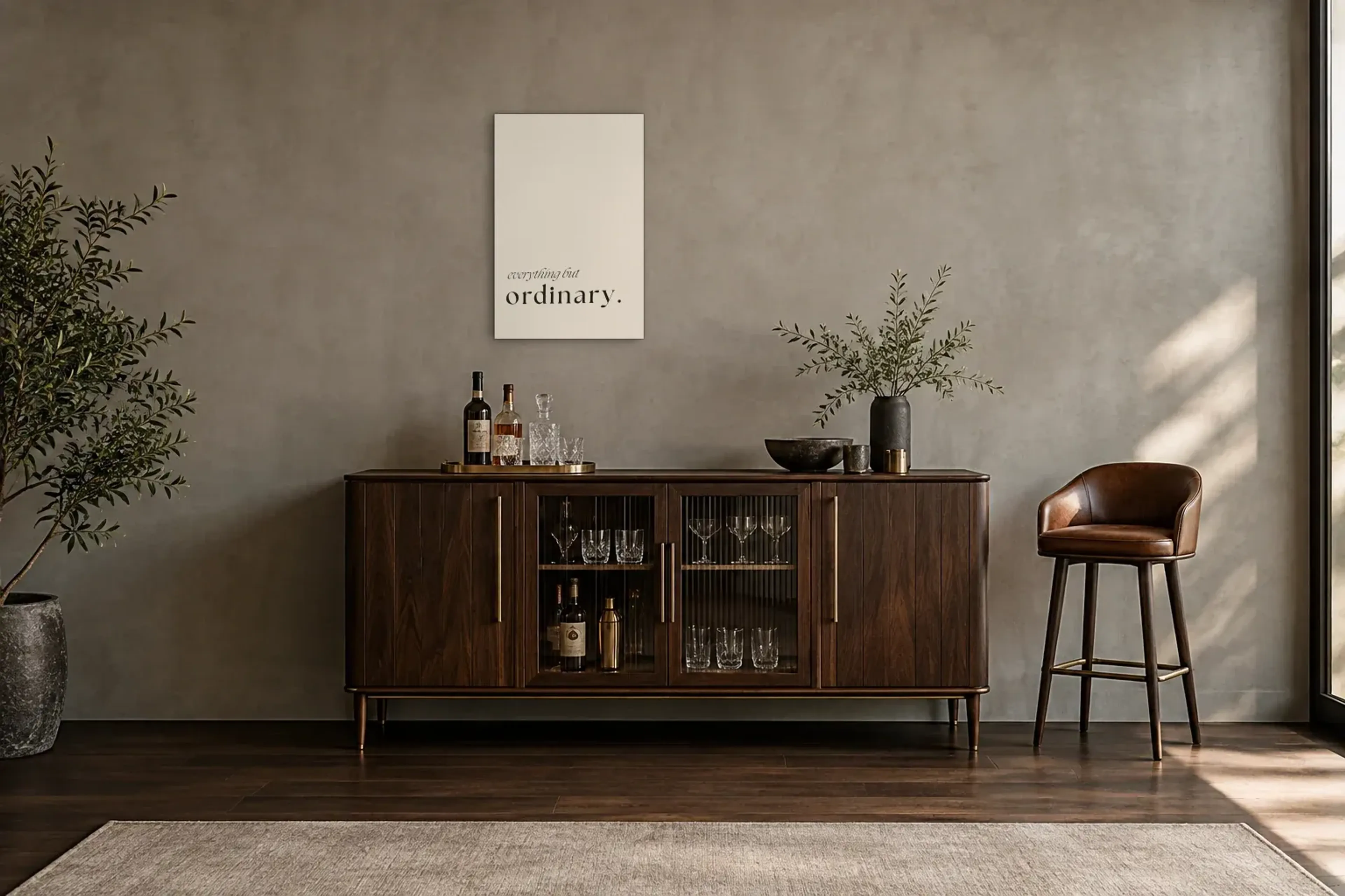 Everything but Ordinary als Wandbild über einem 150-cm-Barschrank