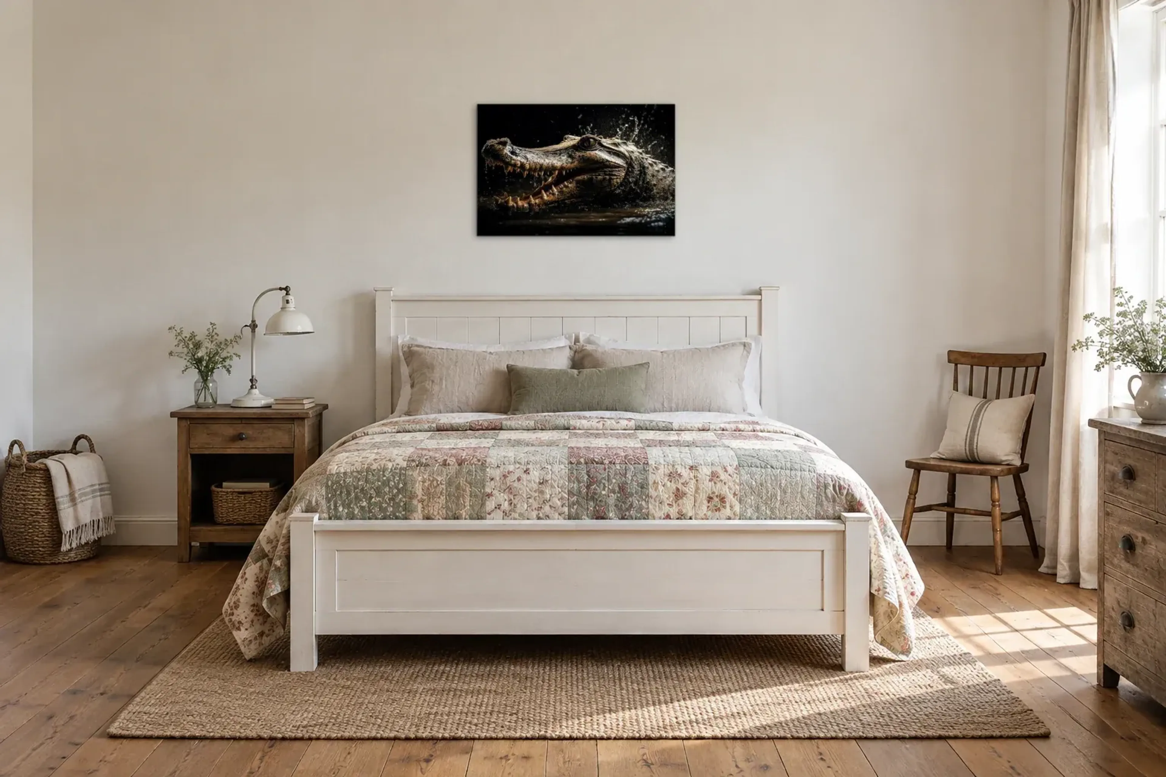 Krokodil mit offenem Maul als Wandbild über einem 160-cm-Bett