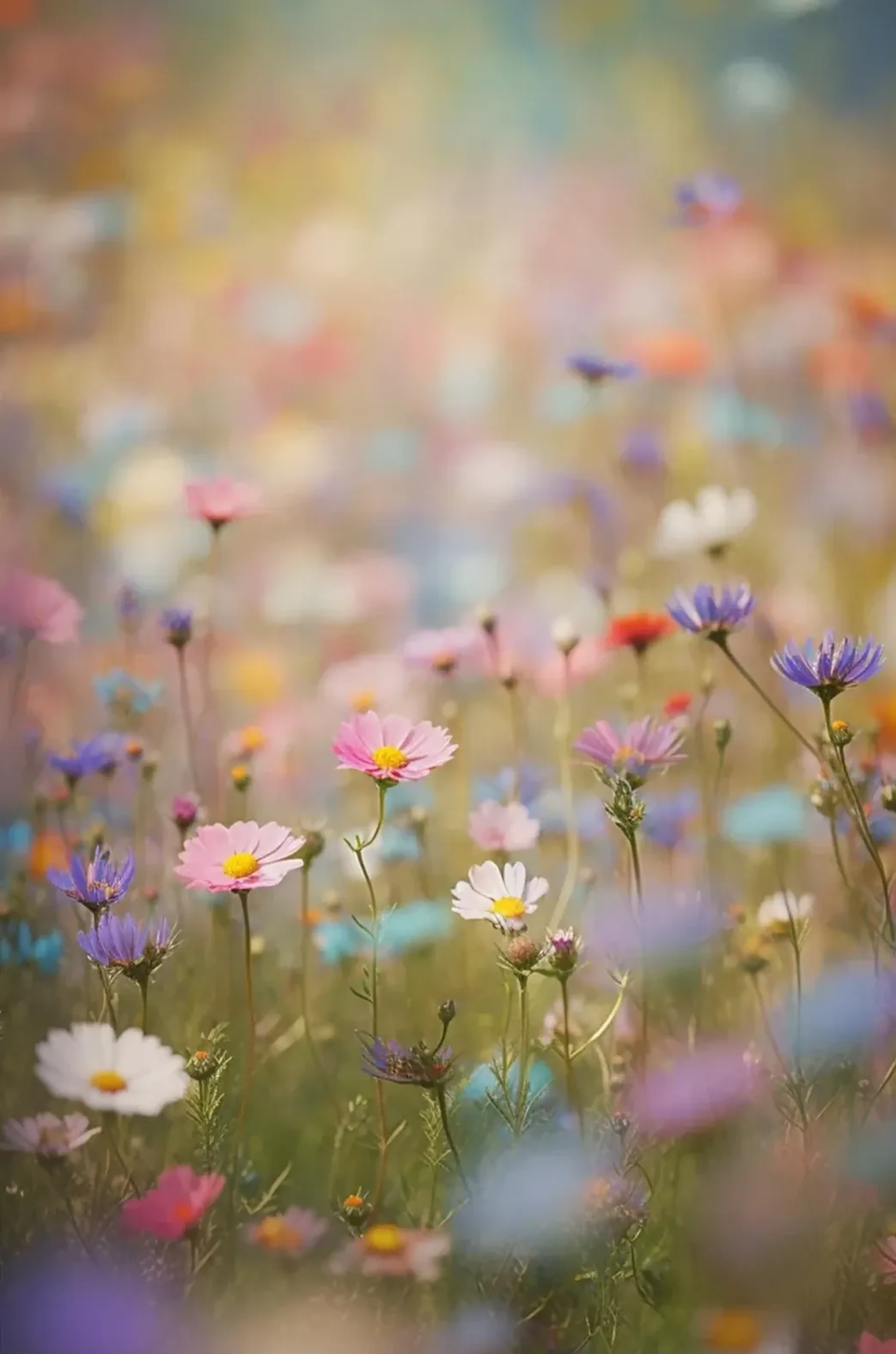 Rosa, weiße und violette Wiesenblumen vor einem weich verschwommenen Hintergrund in sanften Pastelltönen.