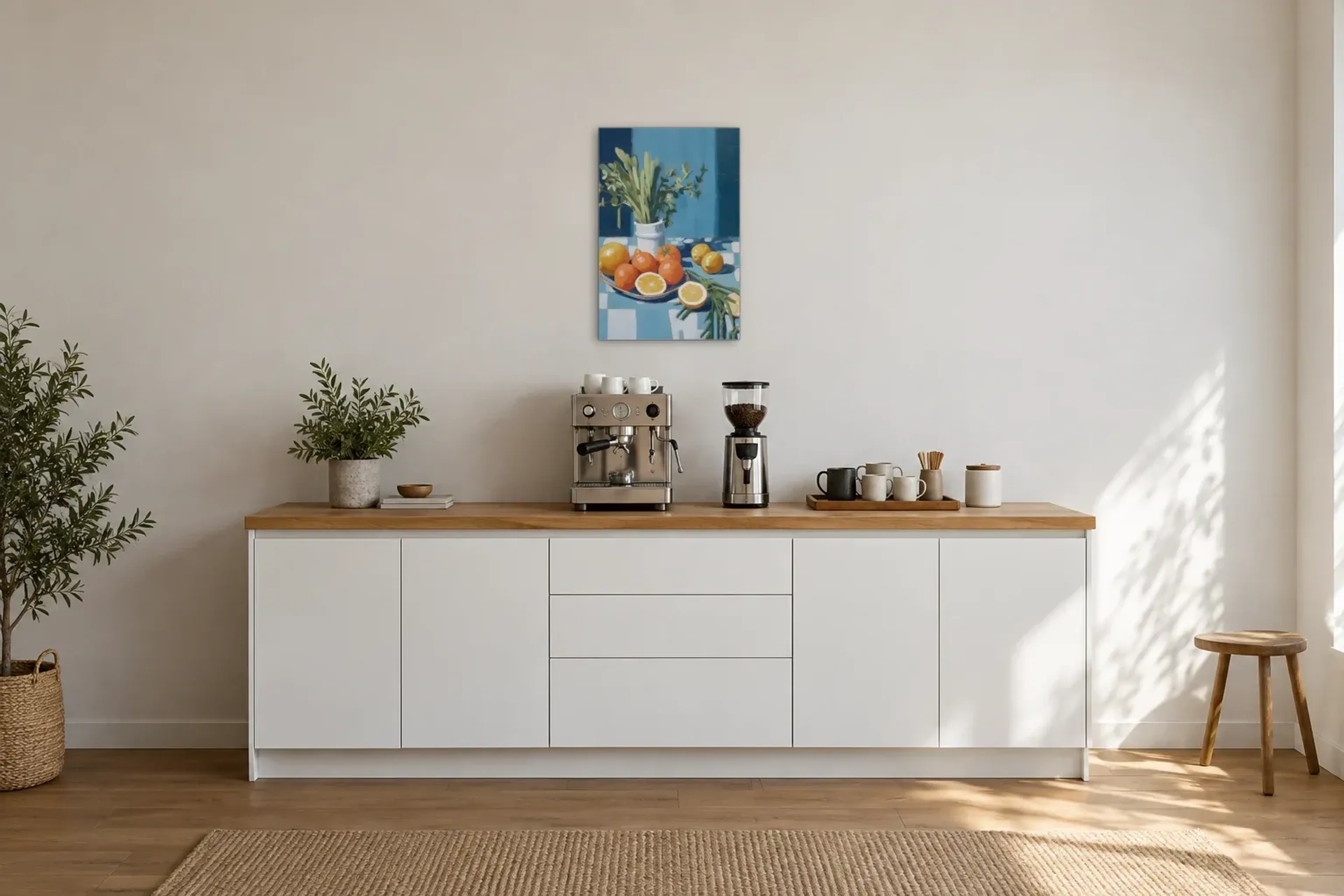 Zitronen und Tomaten als Wandbild über einer 200-cm-Arbeitsplatte
