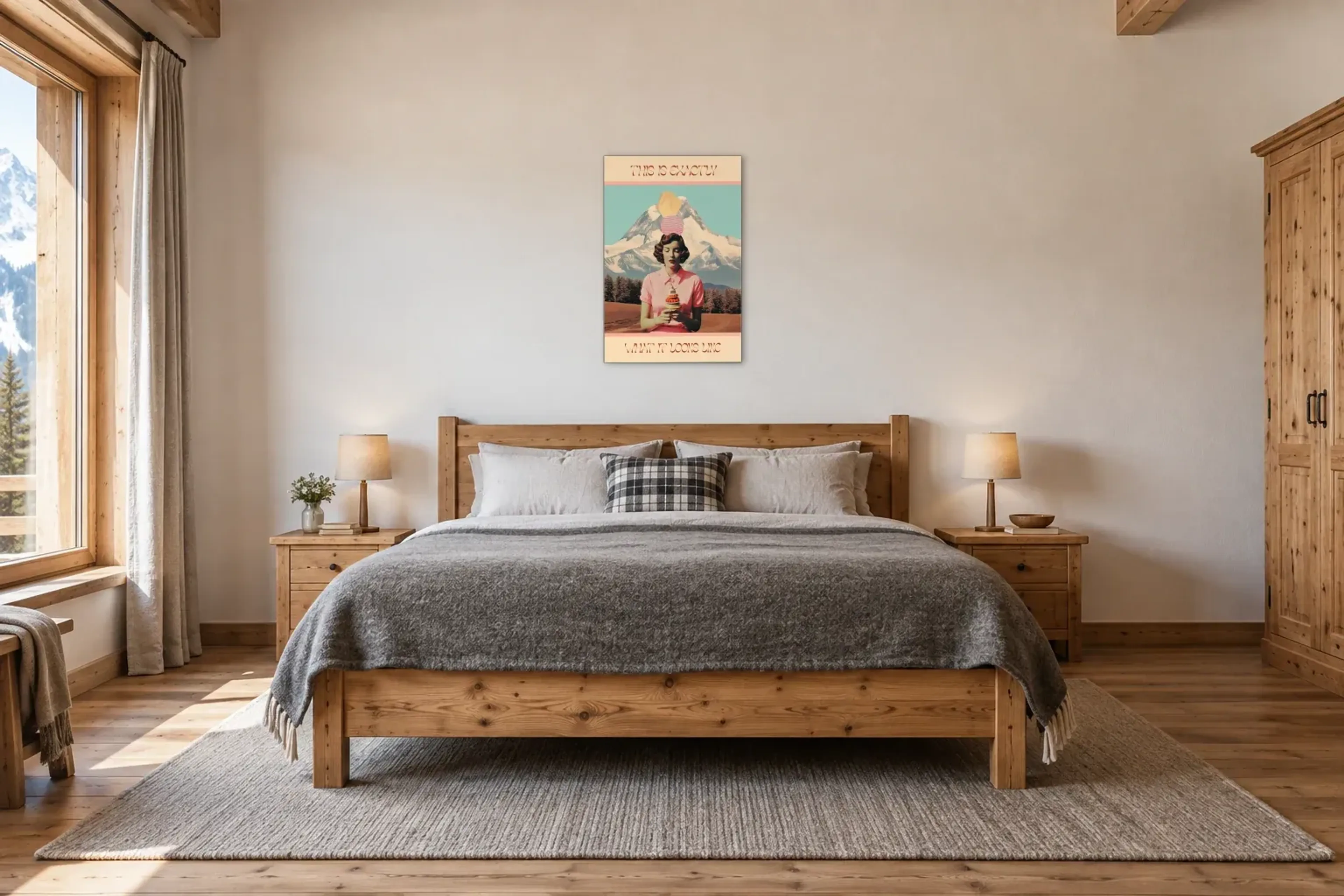 Frau mit Dessert als Wandbild über einem 180-cm-Bett