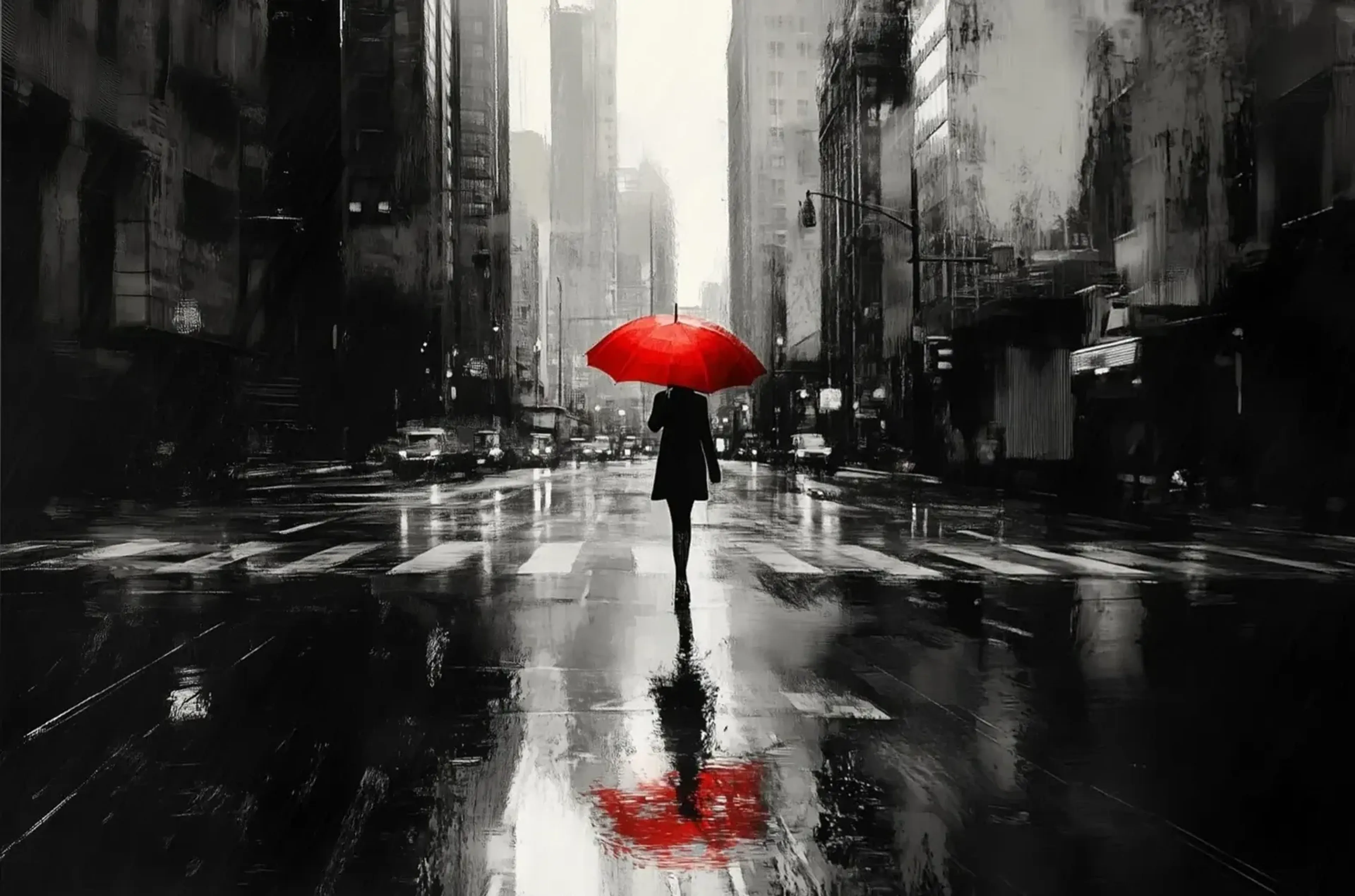 Roter Schirm im Regen – Motiv als Wandbild auf Holz