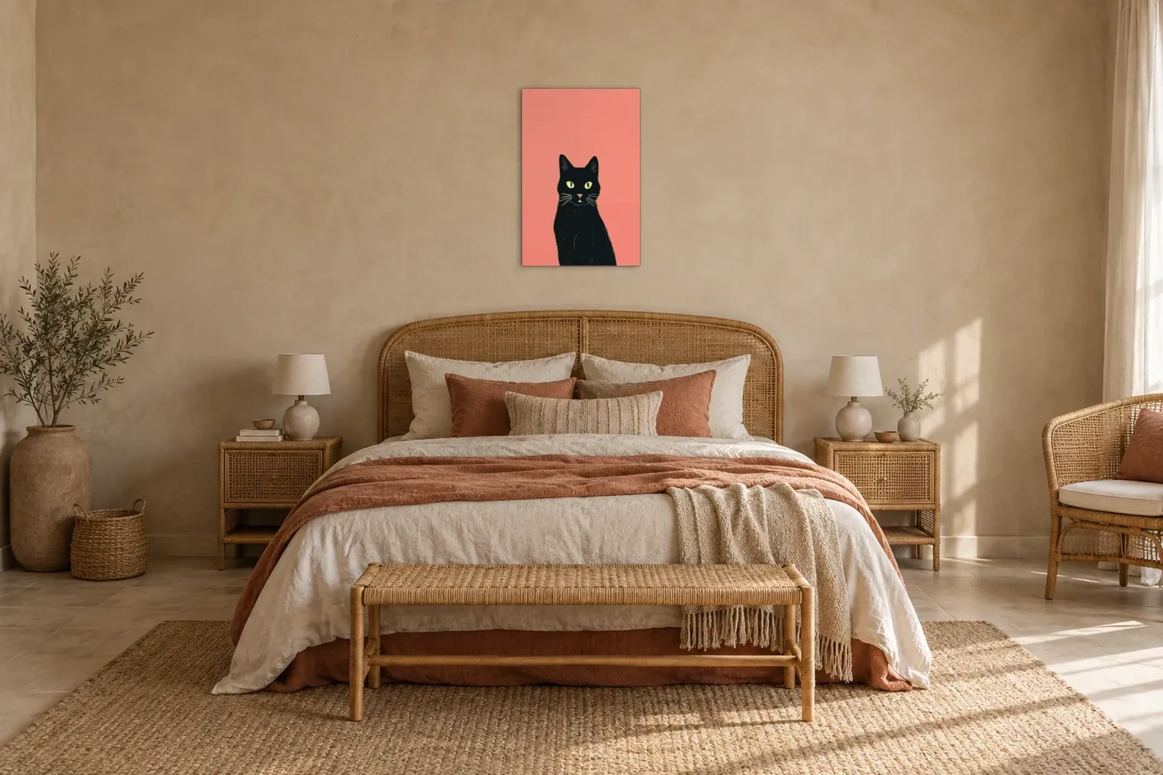 Schwarze Katze auf Rosa als Wandbild über einem 180-cm-Bett