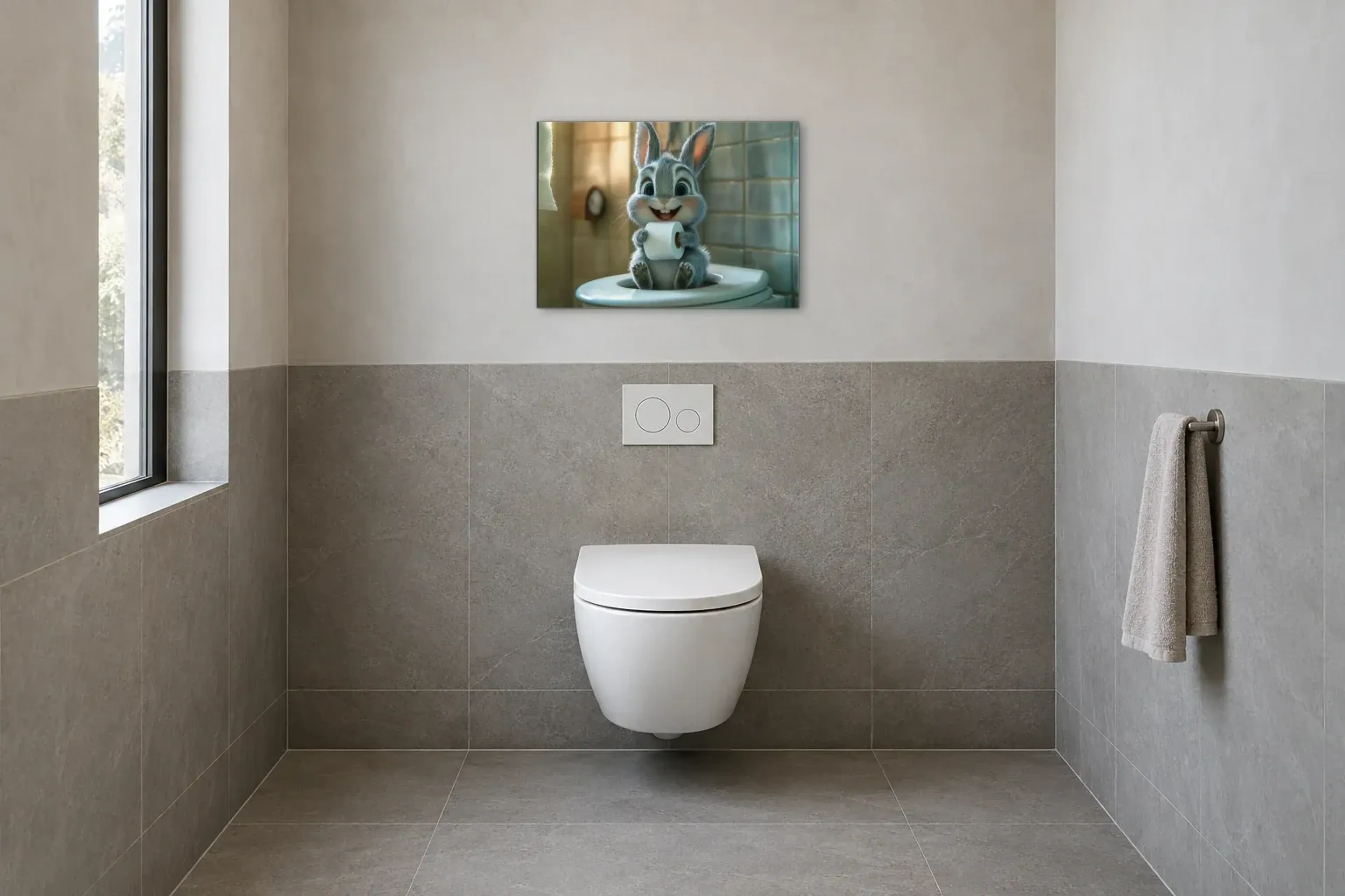 Hase vor blauen Fliesen als Wandbild im Gäste-WC