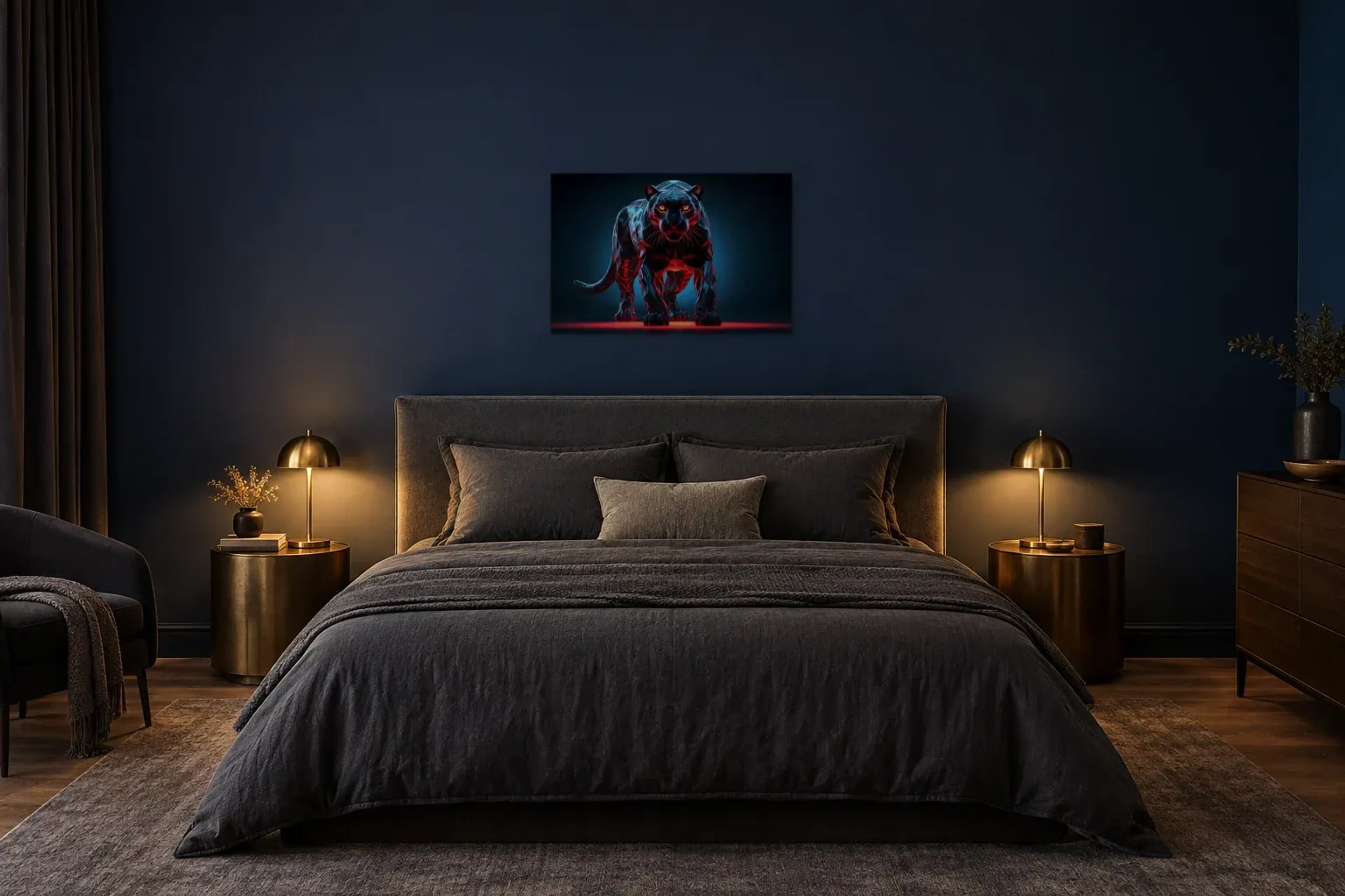 Tiger frontal als Wandbild über einem 180-cm-Bett