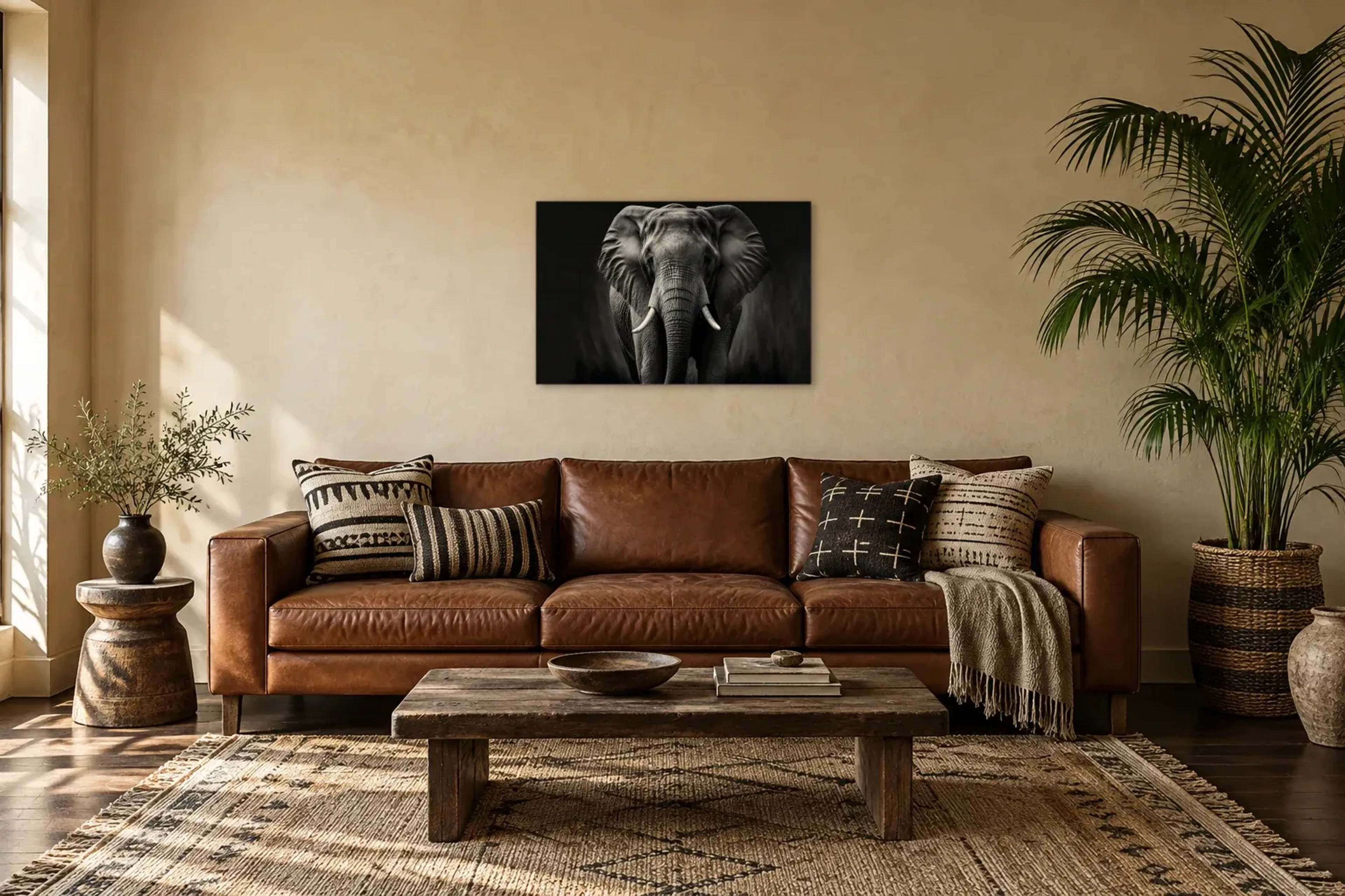 Elefant Nahaufnahme als Wandbild über einem 220-cm-Sofa