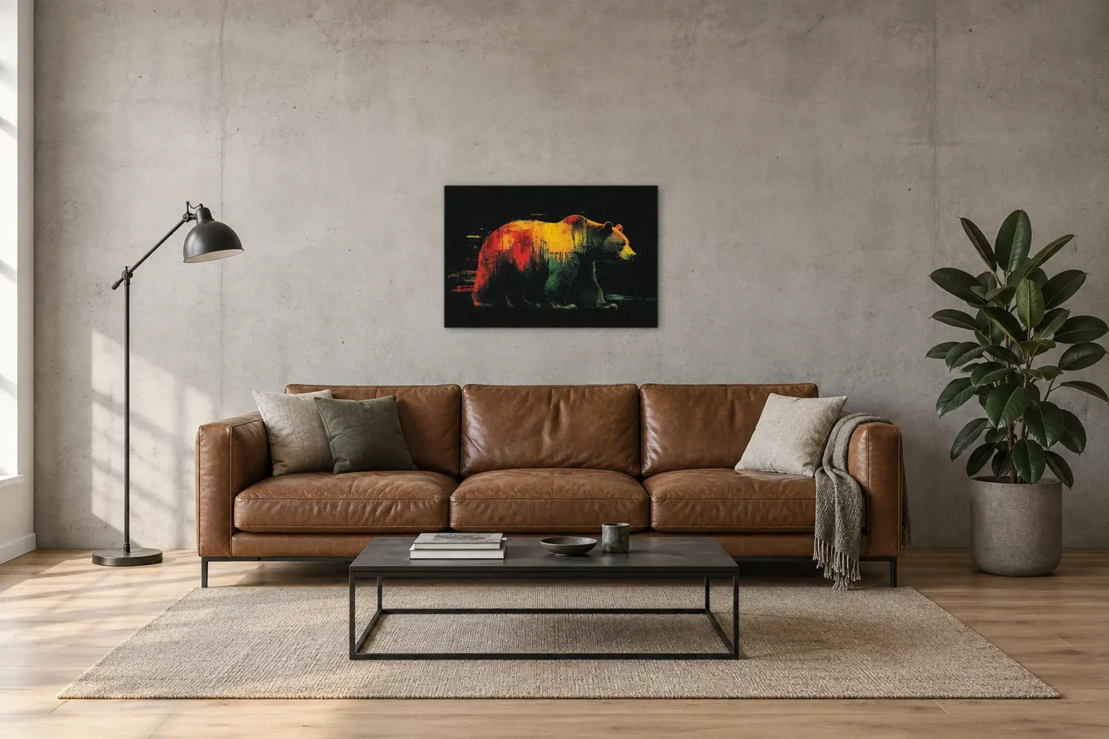 Braunbär auf dunklem Grund als Wandbild über einem 220-cm-Sofa