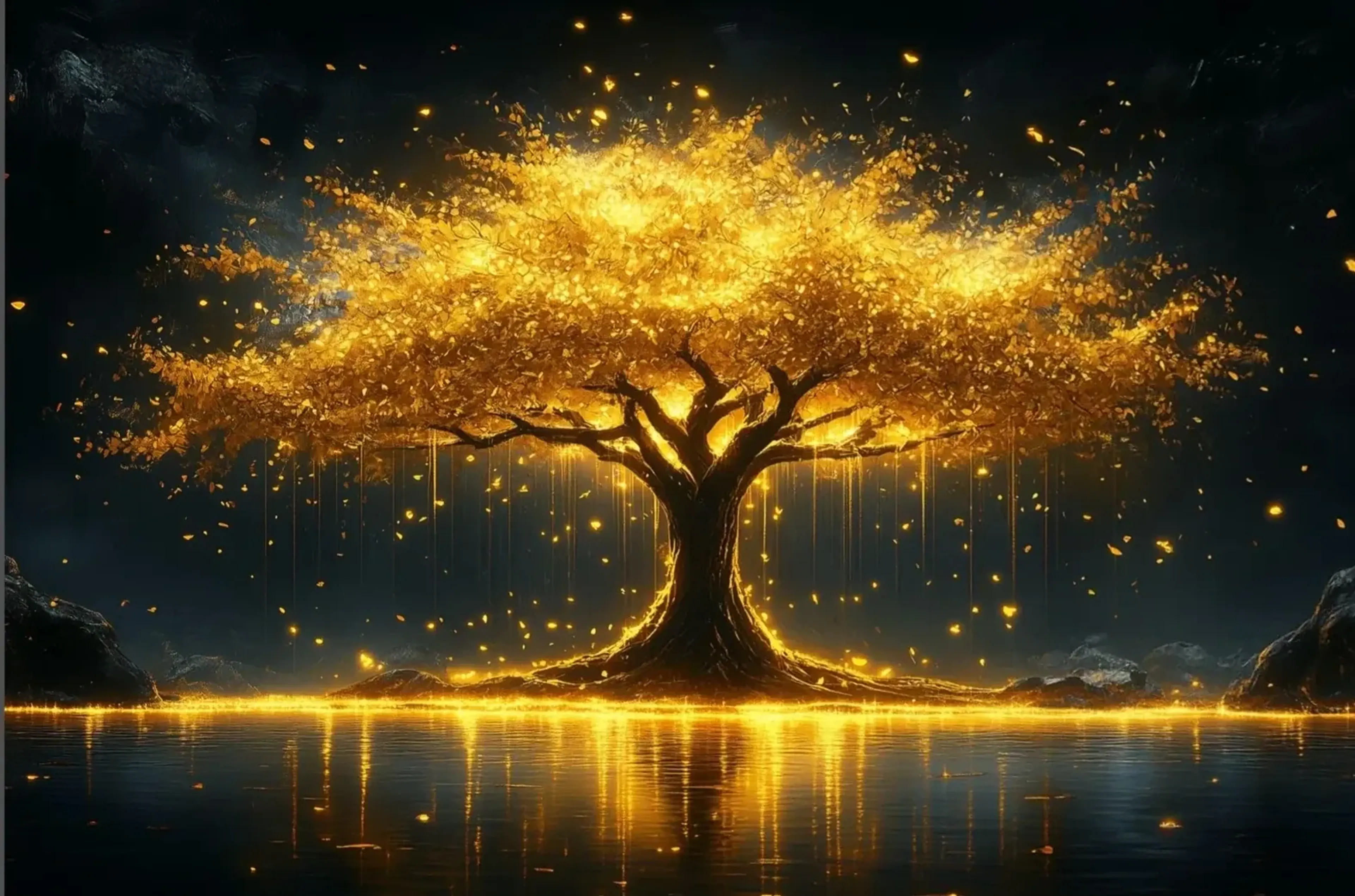 Ein großer goldener Baum mit breiter Krone und herabhängenden Lichtfäden spiegelt sich im dunklen Wasser.