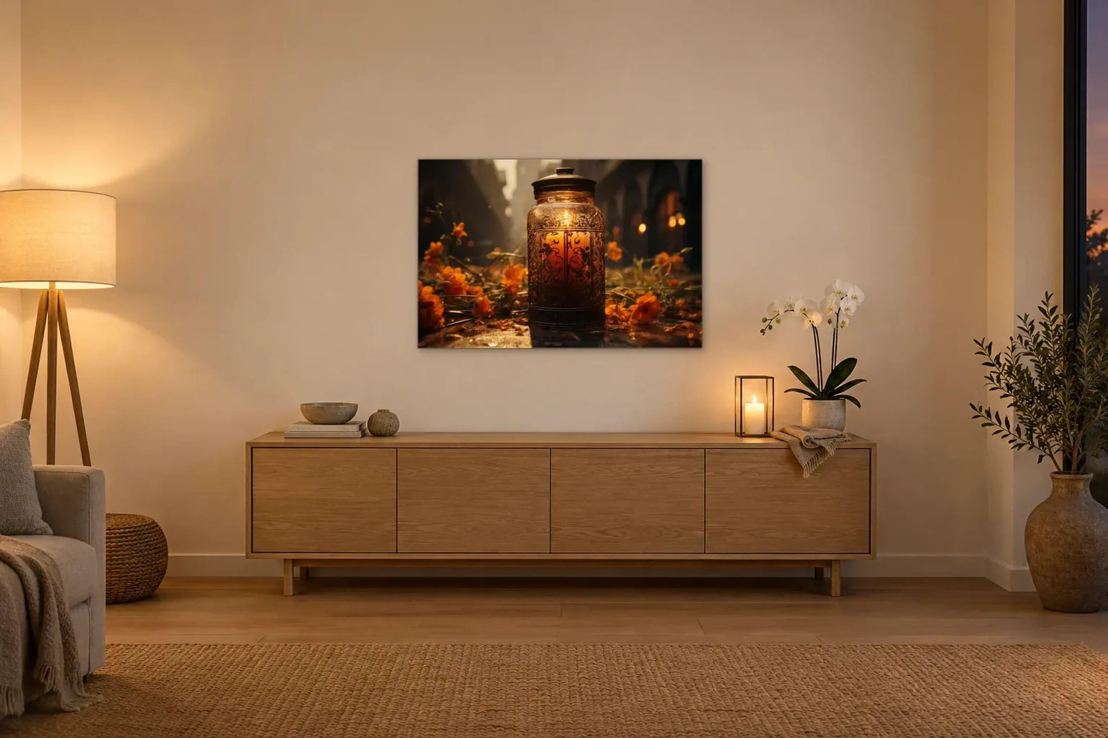 Grablicht zwischen Blumen als Wandbild über einem 160-cm-Sideboard