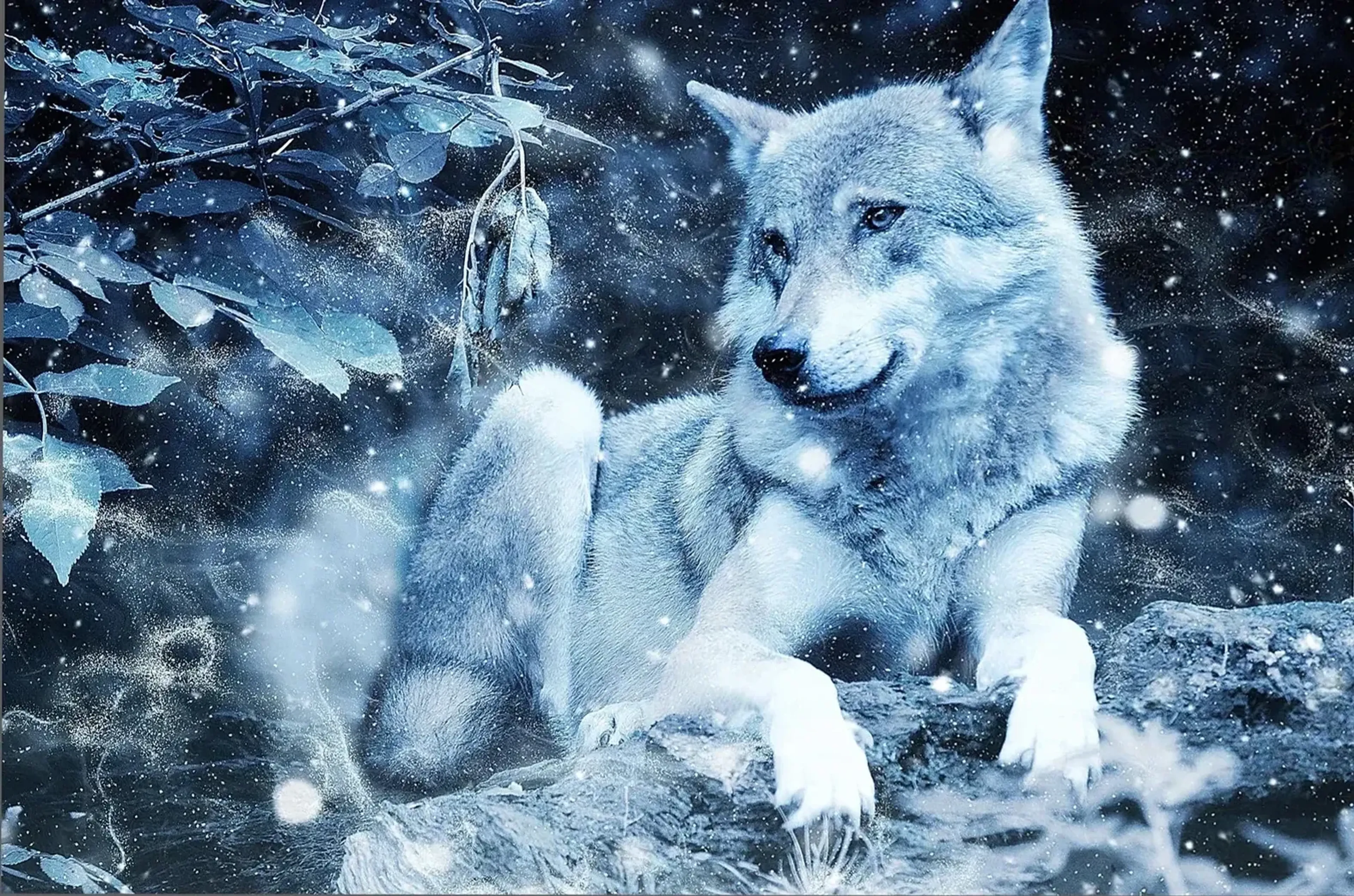 Ein heller Wolf liegt auf einem Felsen, umgeben von Schneeflocken und vereisten Zweigen in blauem Licht.