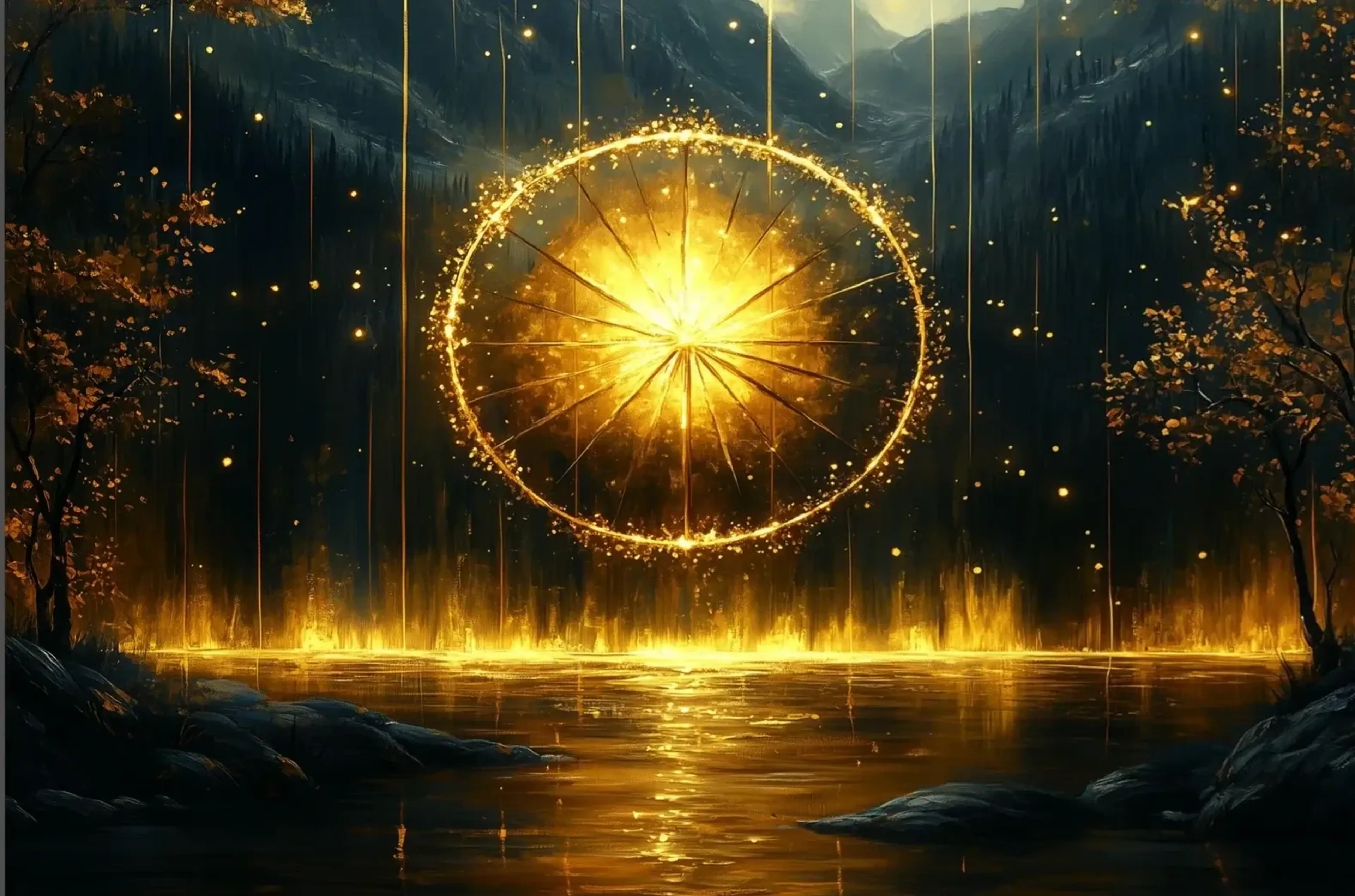 Ein goldener Lichtring mit Speichen und hellem Zentrum schwebt über einem See vor dunklem Bergwald.