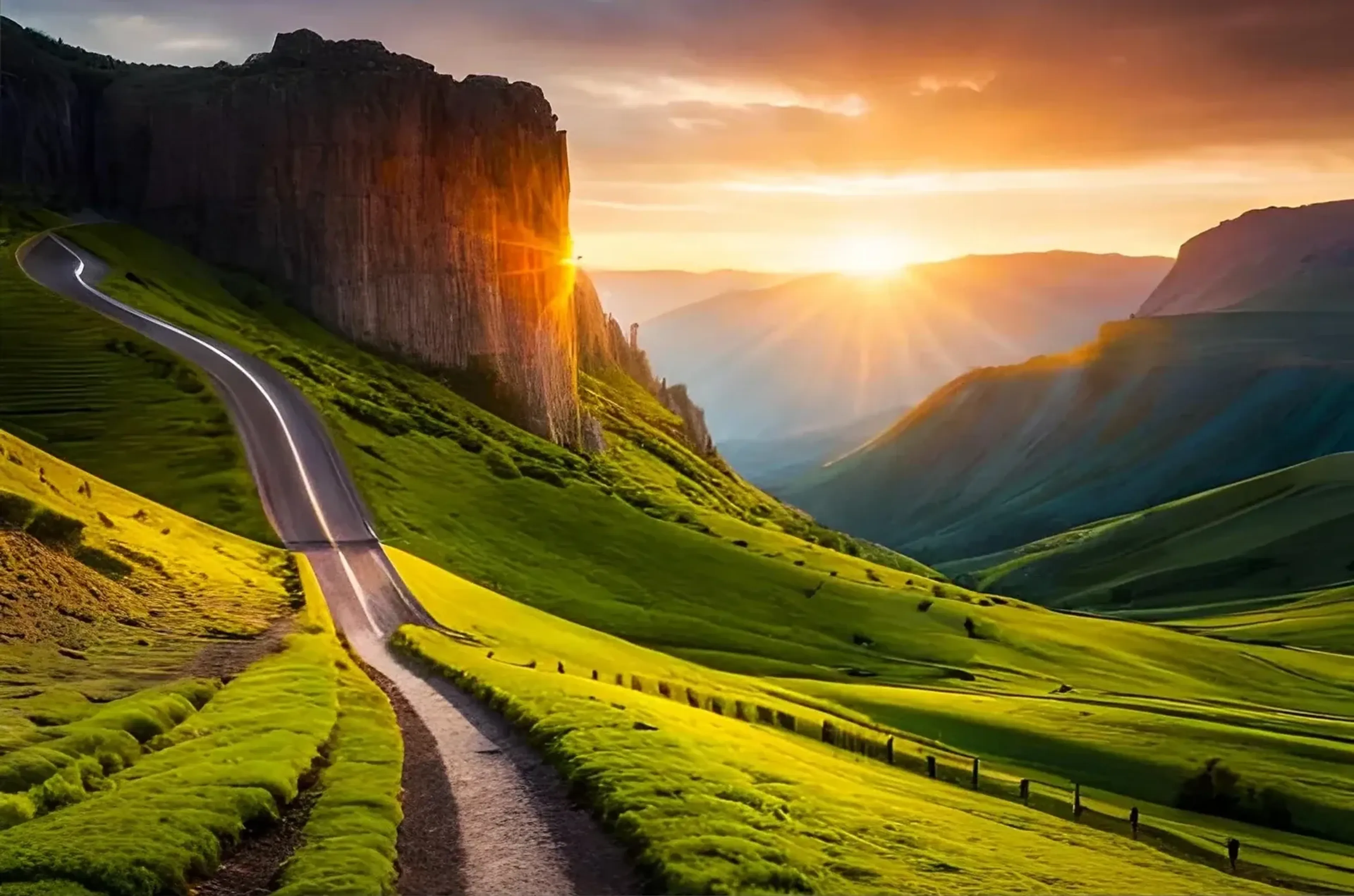 Eine schmale Straße führt über grüne Hänge an einer steilen Felswand entlang, dahinter liegt ein Tal im Sonnenlicht.