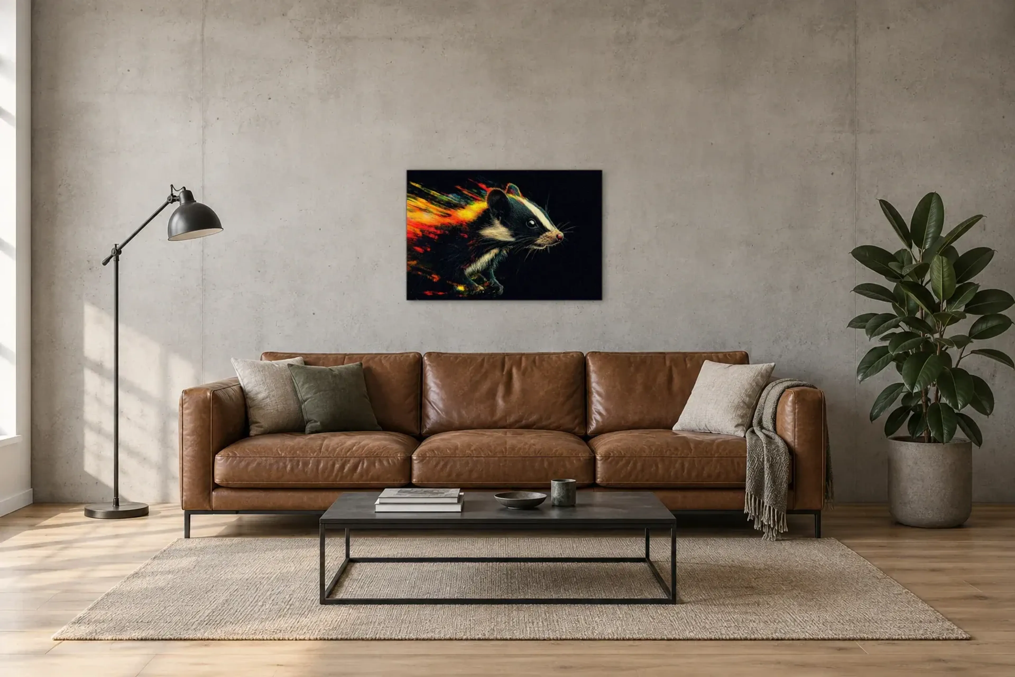 Stinktier mit Farbspur als Wandbild über einem 220-cm-Sofa