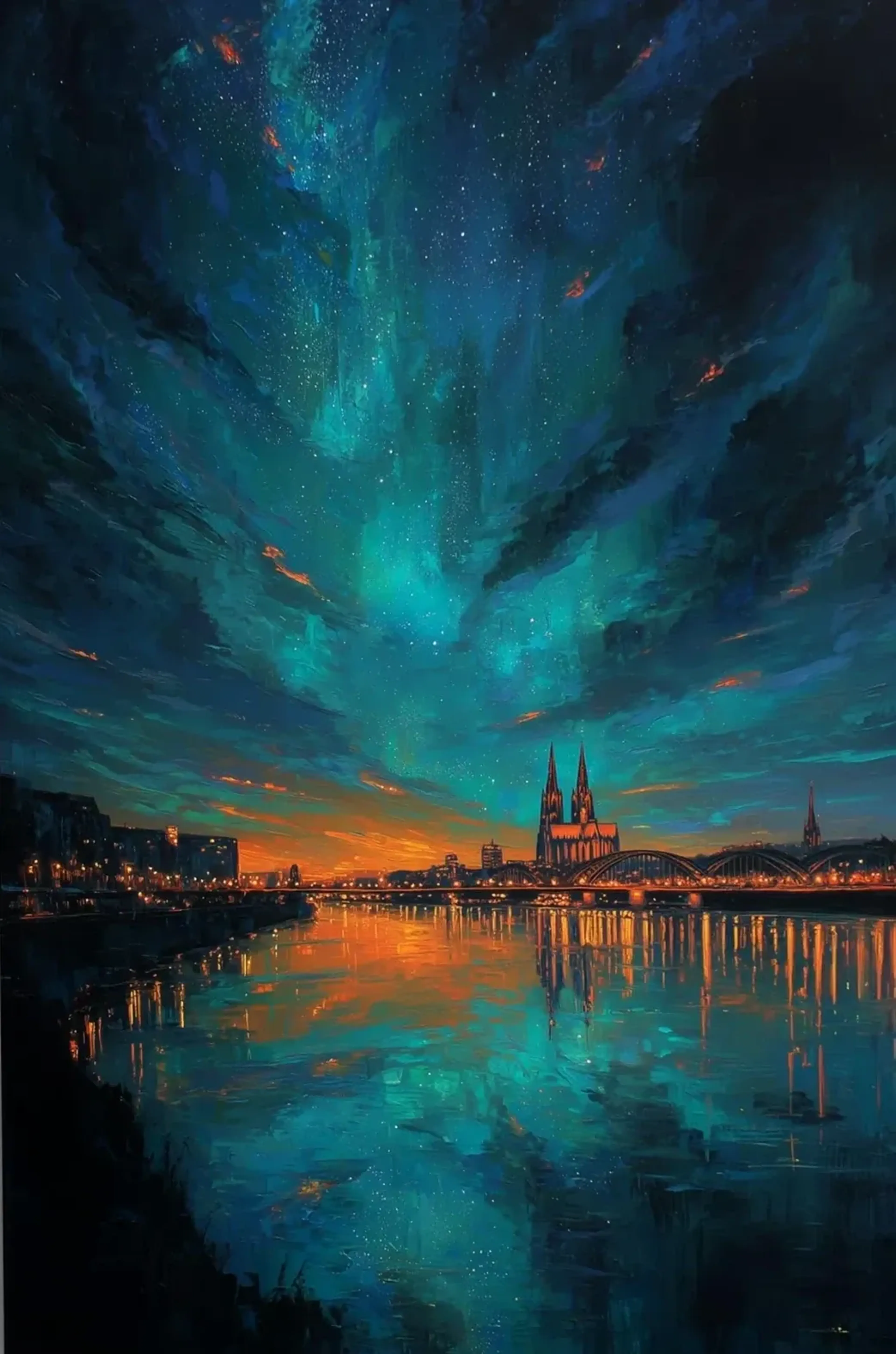 Kölner Dom und Brücke unter einem türkisblauen Wolkenhimmel mit orangefarbenen Spiegelungen im Rhein.