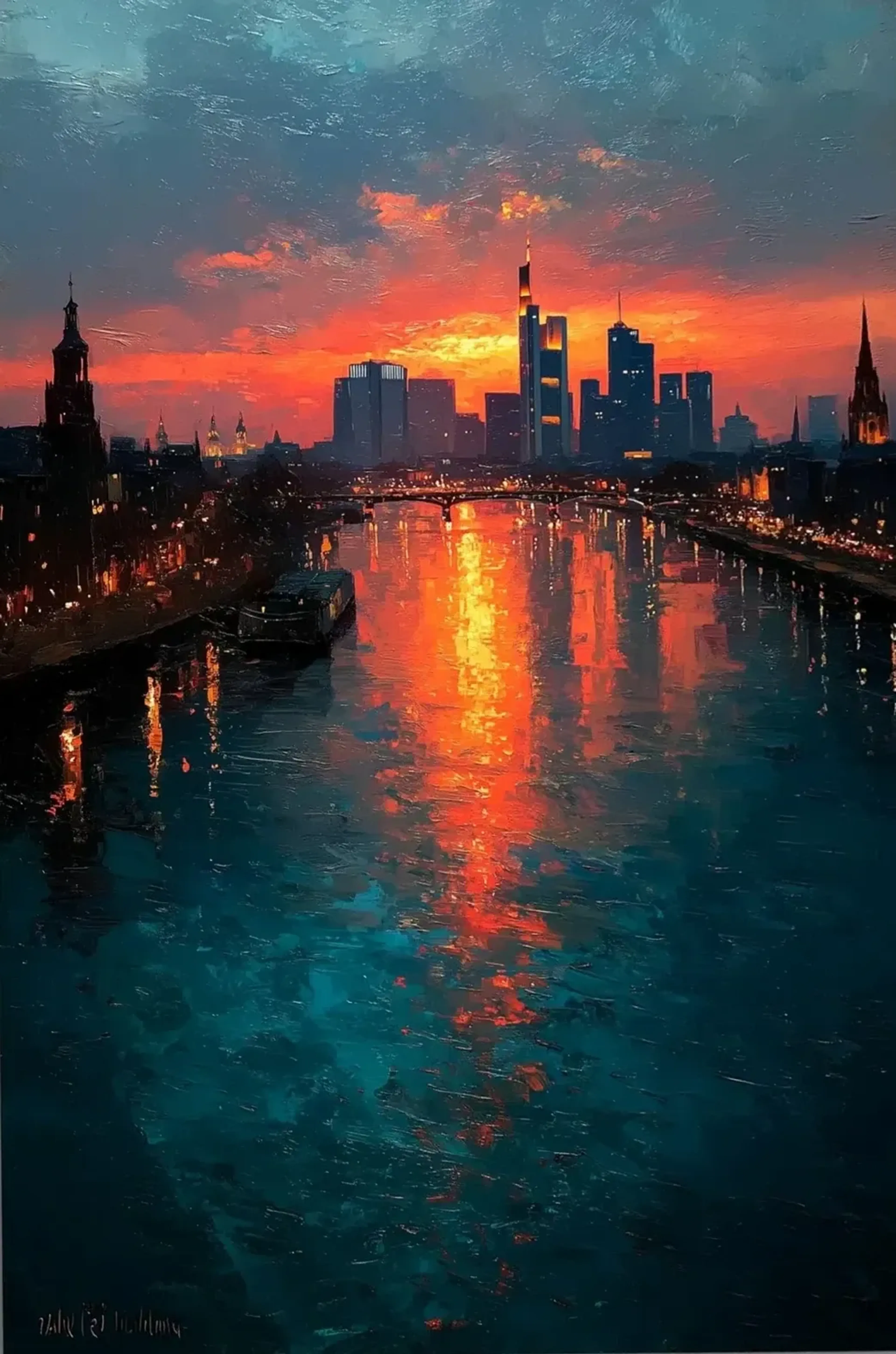 Frankfurter Skyline vor orangefarbenem Abendhimmel mit leuchtenden Spiegelungen im dunklen Fluss und einem Boot.