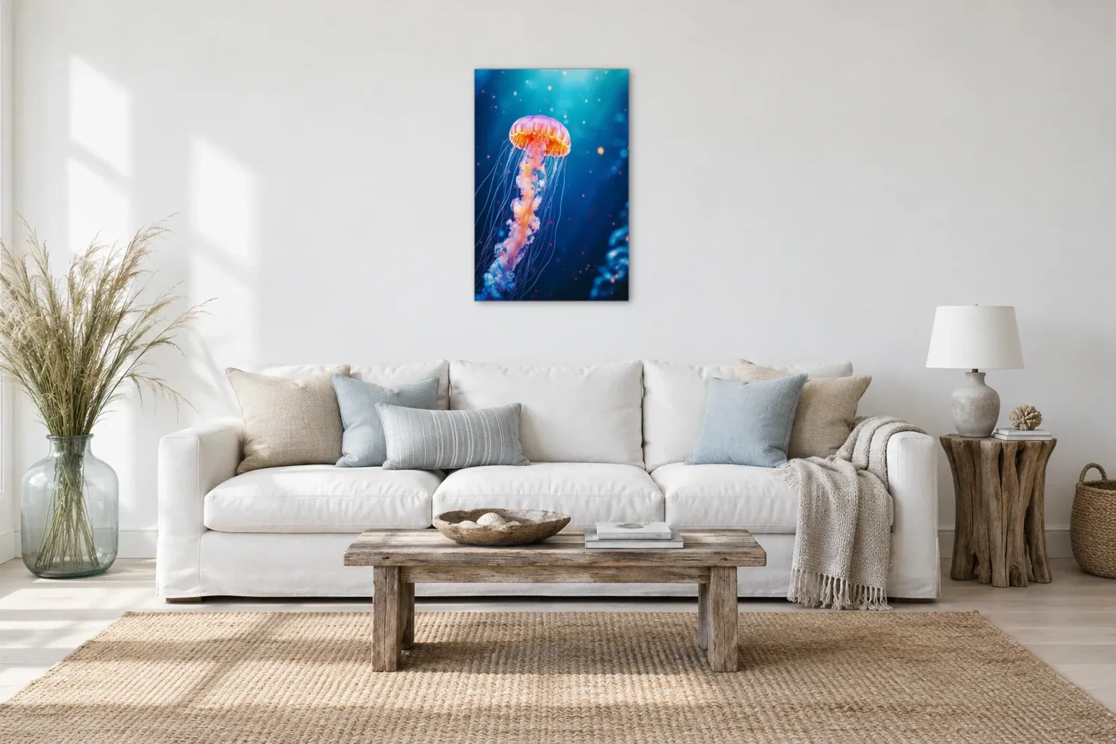 Orange Qualle als Wandbild über einem 220-cm-Sofa