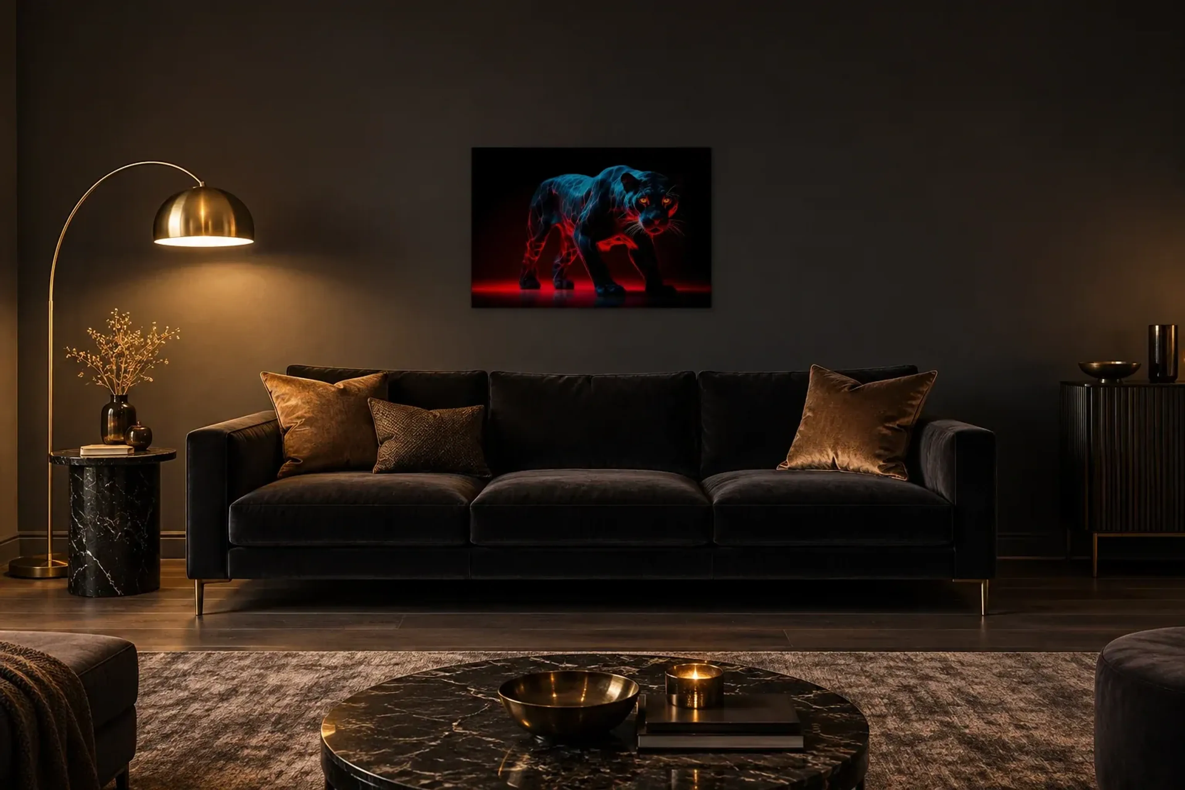 Tiger in Rotblau als Wandbild über einem 220-cm-Sofa