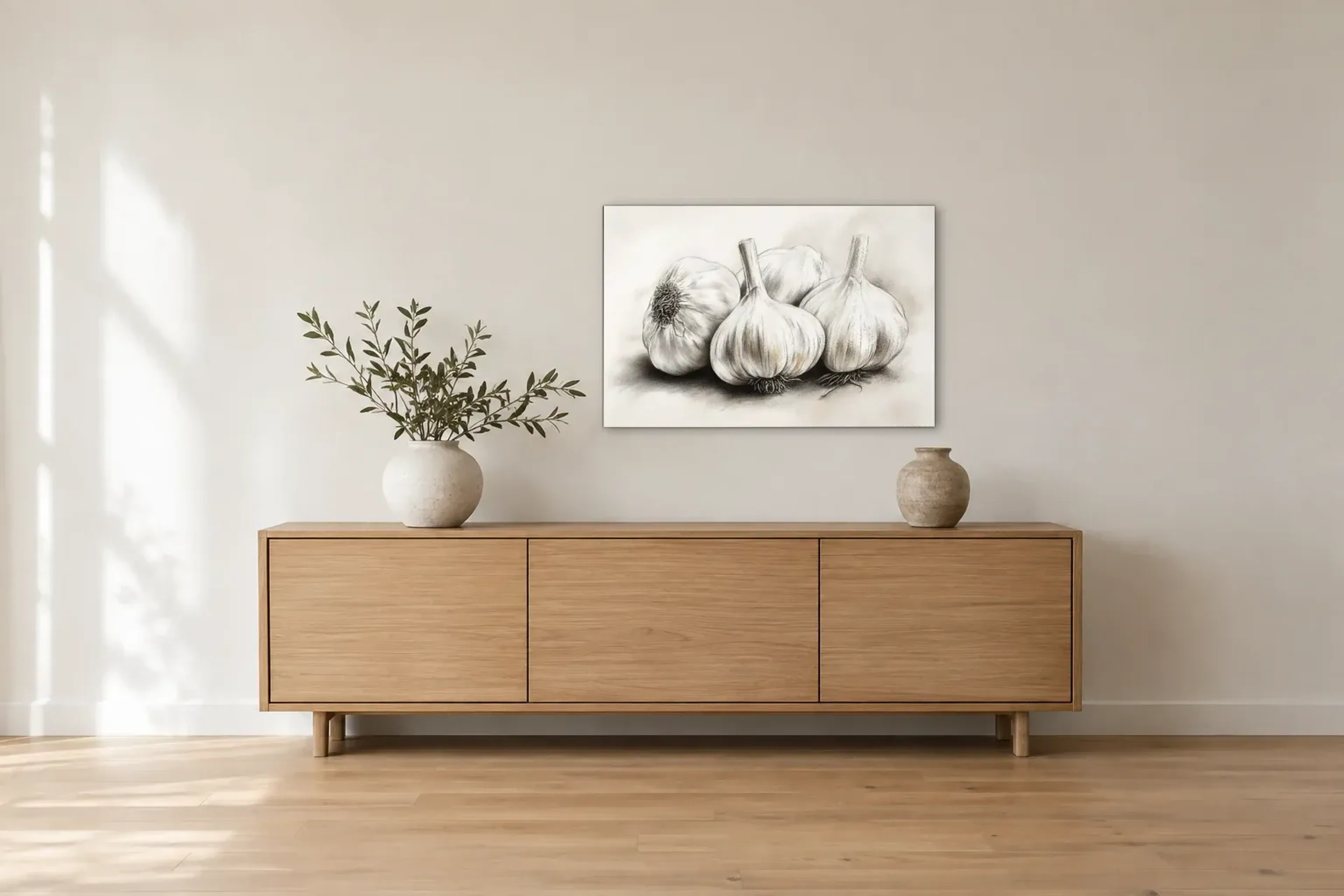 Knoblauch im Stillleben als Wandbild über einem 180-cm-Sideboard