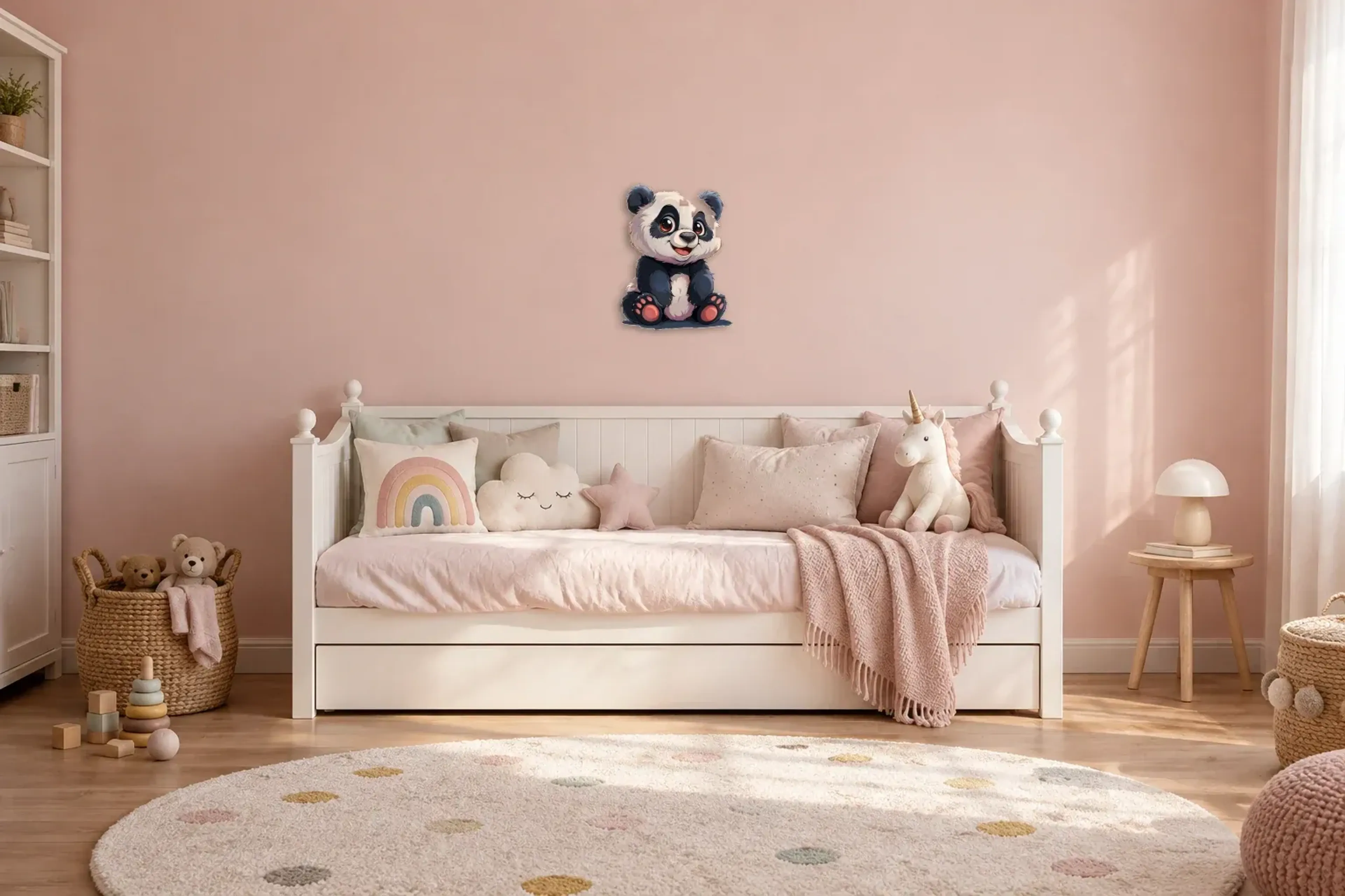 Fröhlicher Pandabär als Wandbild über einem 200-cm-Kinderbett