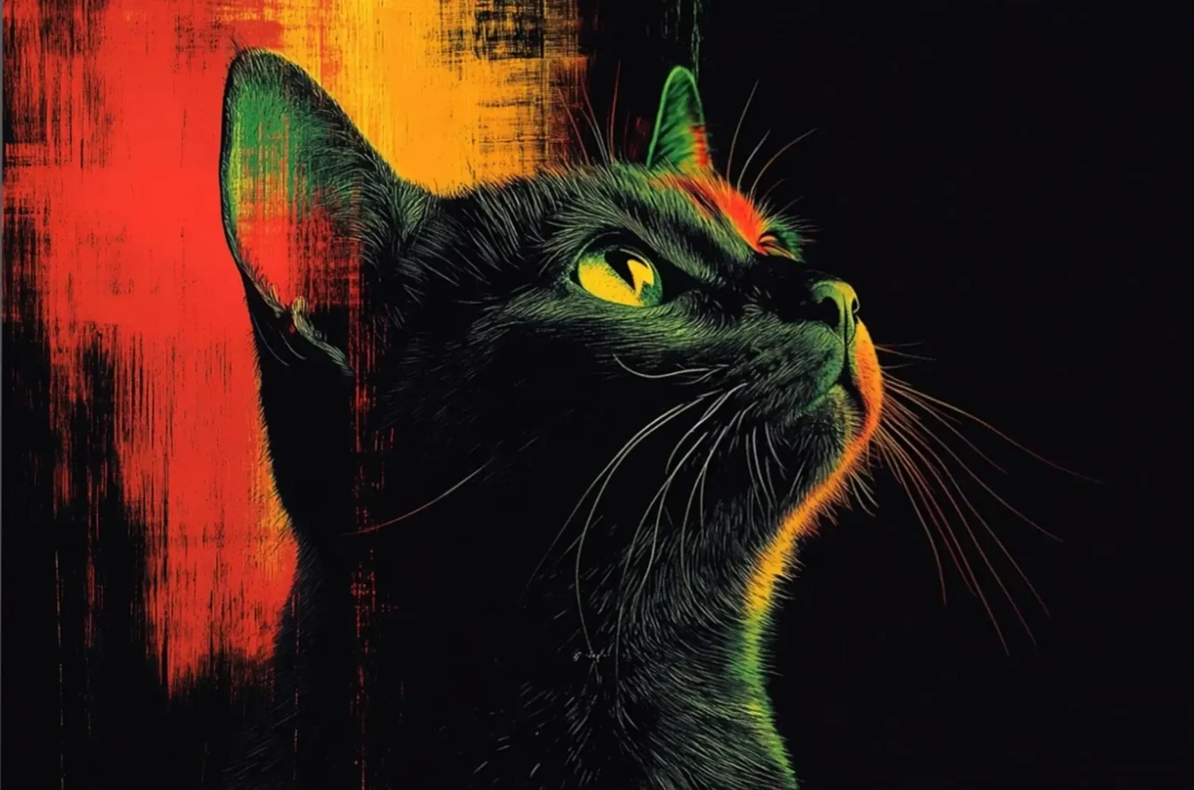 Schwarze Katze blickt nach rechts oben, mit gelbgrünem Auge und roten sowie gelben Farbspuren im Hintergrund.