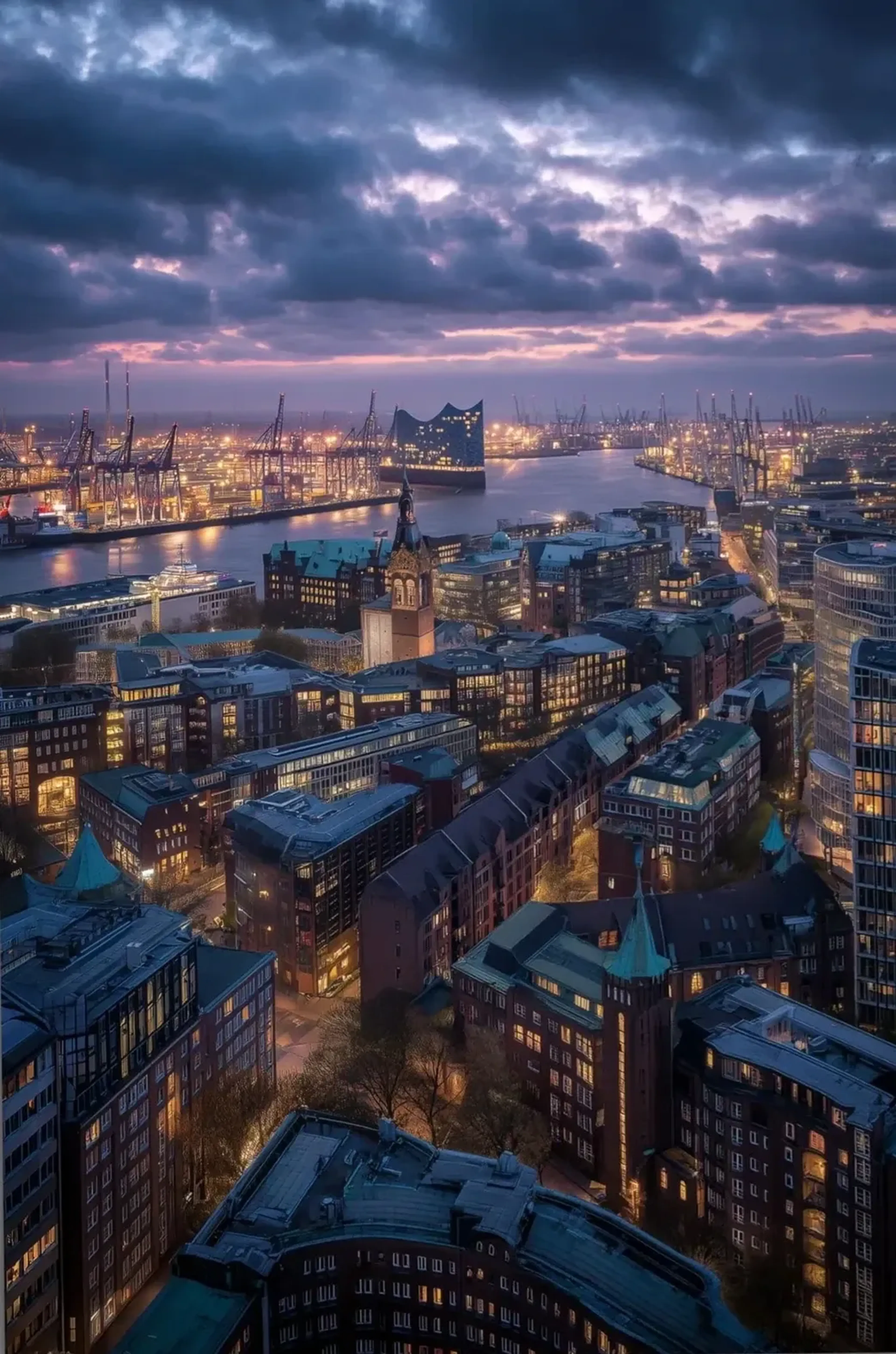 Blick über Hamburger Backsteingebäude zum beleuchteten Hafen und zur Elbphilharmonie unter dunklen Abendwolken.