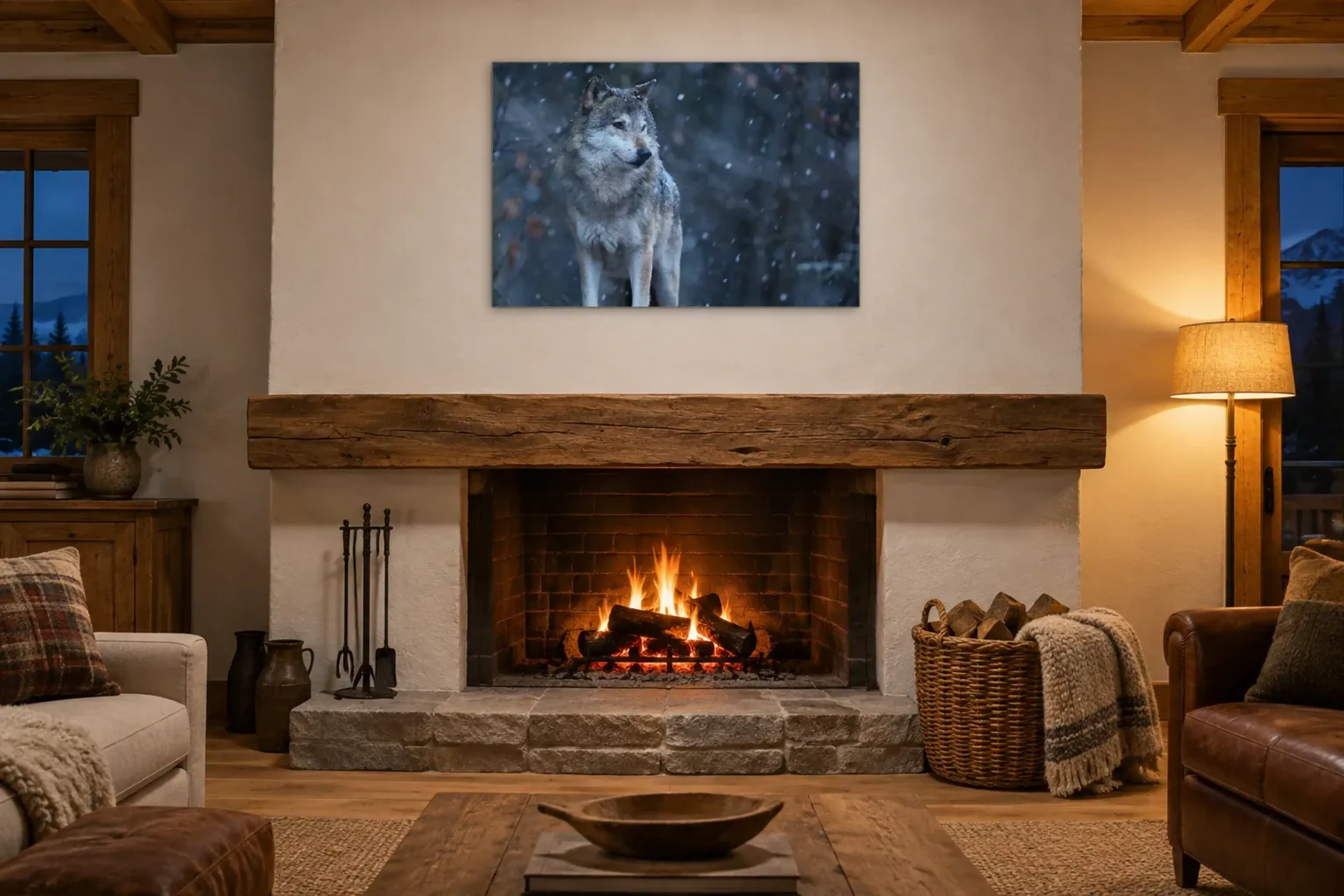 Wolf im Schnee als Wandbild über einem 180-cm-Kaminsims