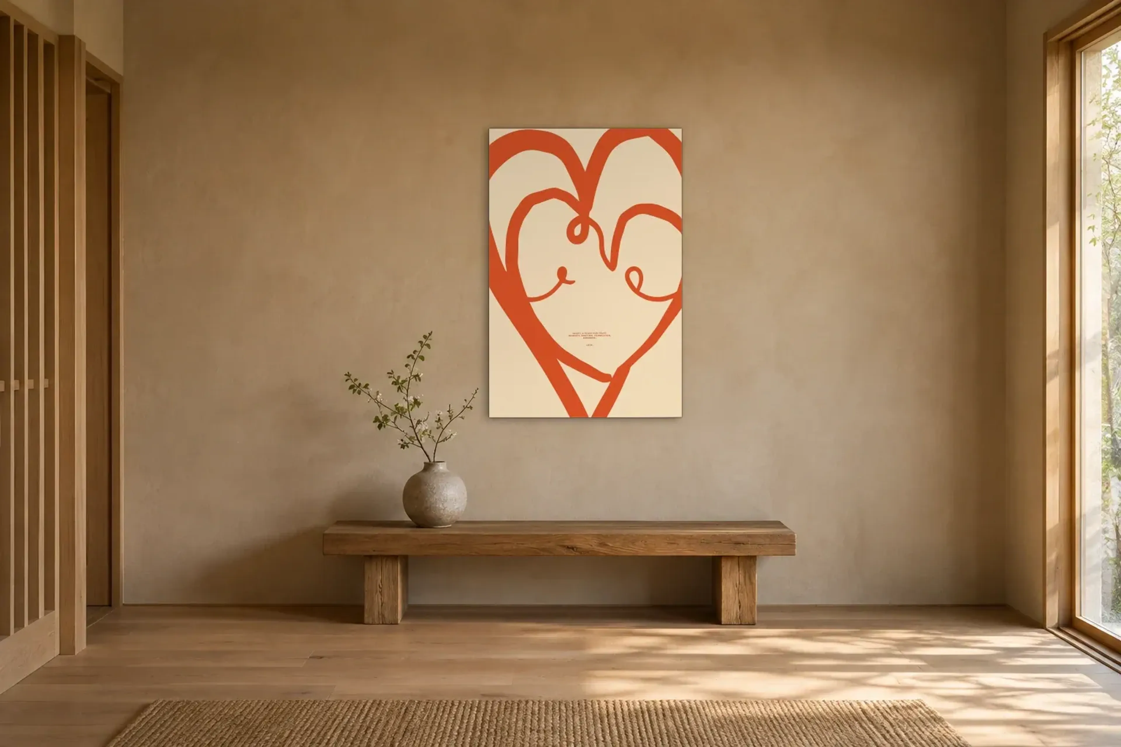 Verschlungene Herzen als Wandbild über einer 120-cm-Holzbank