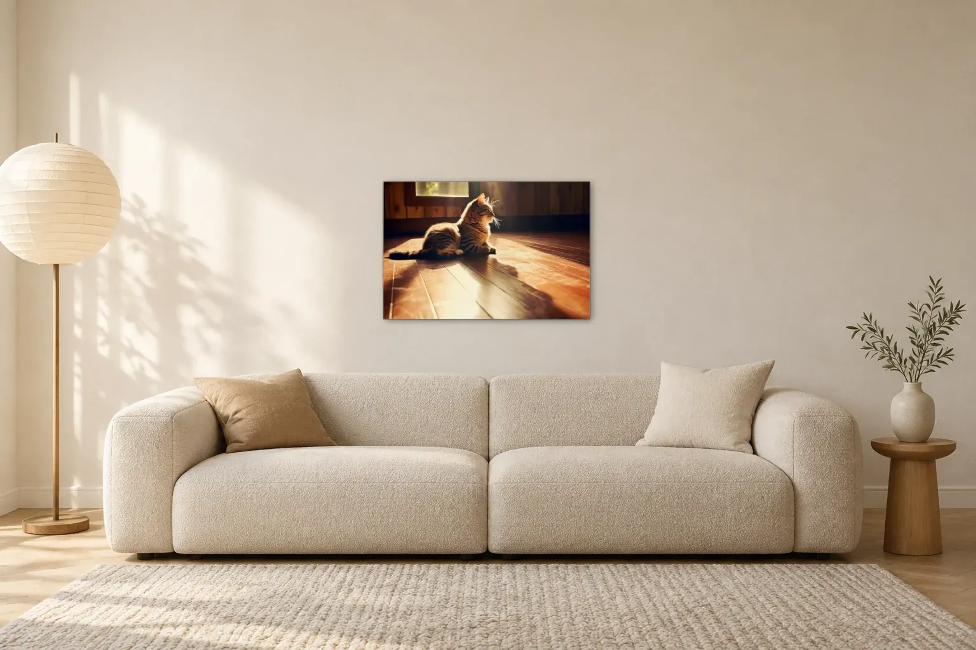 Katze im Sonnenlicht als Wandbild über einem 230-cm-Sofa
