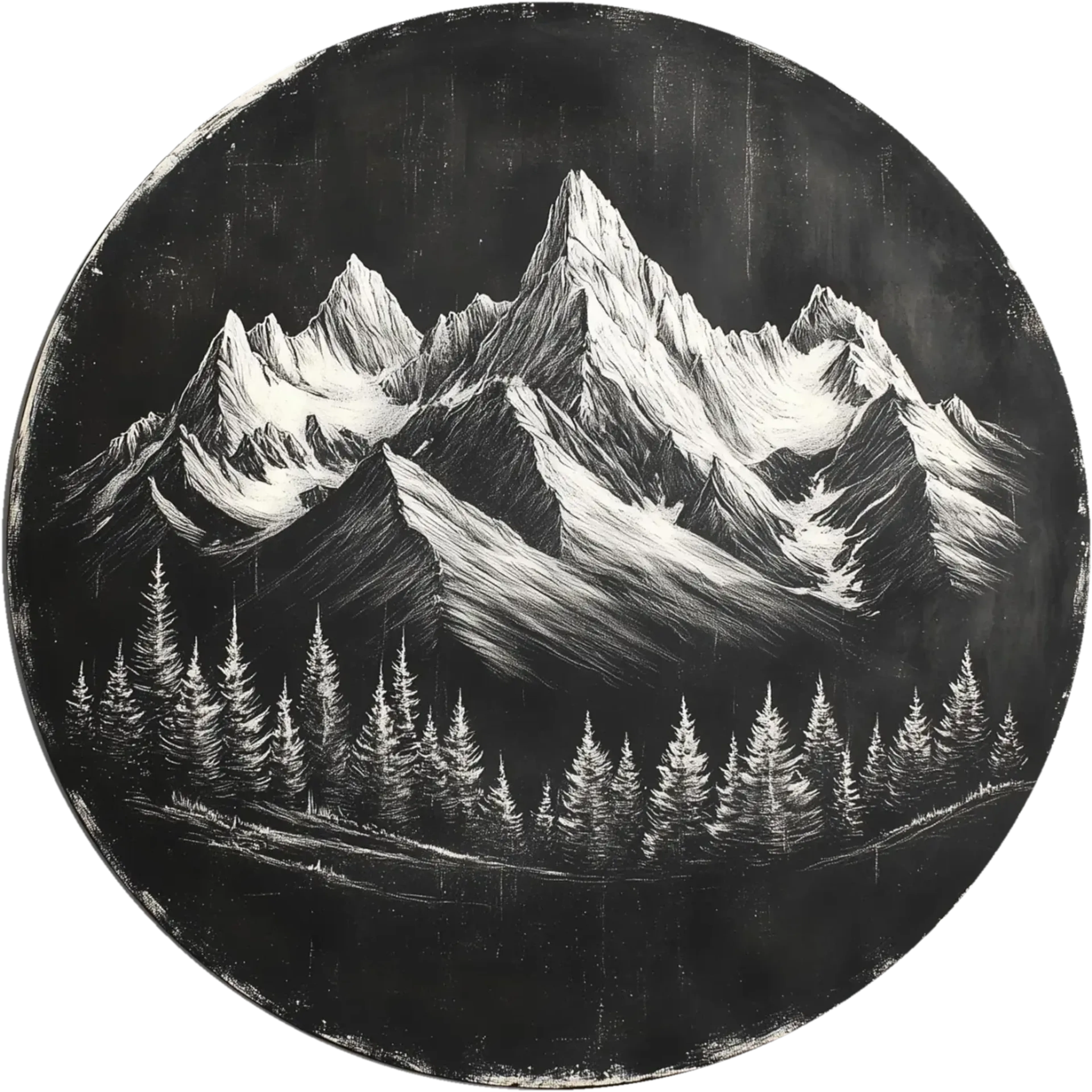 Schwarzweiße Berglandschaft mit spitzen, schneebedeckten Gipfeln und Nadelbäumen im runden Format.