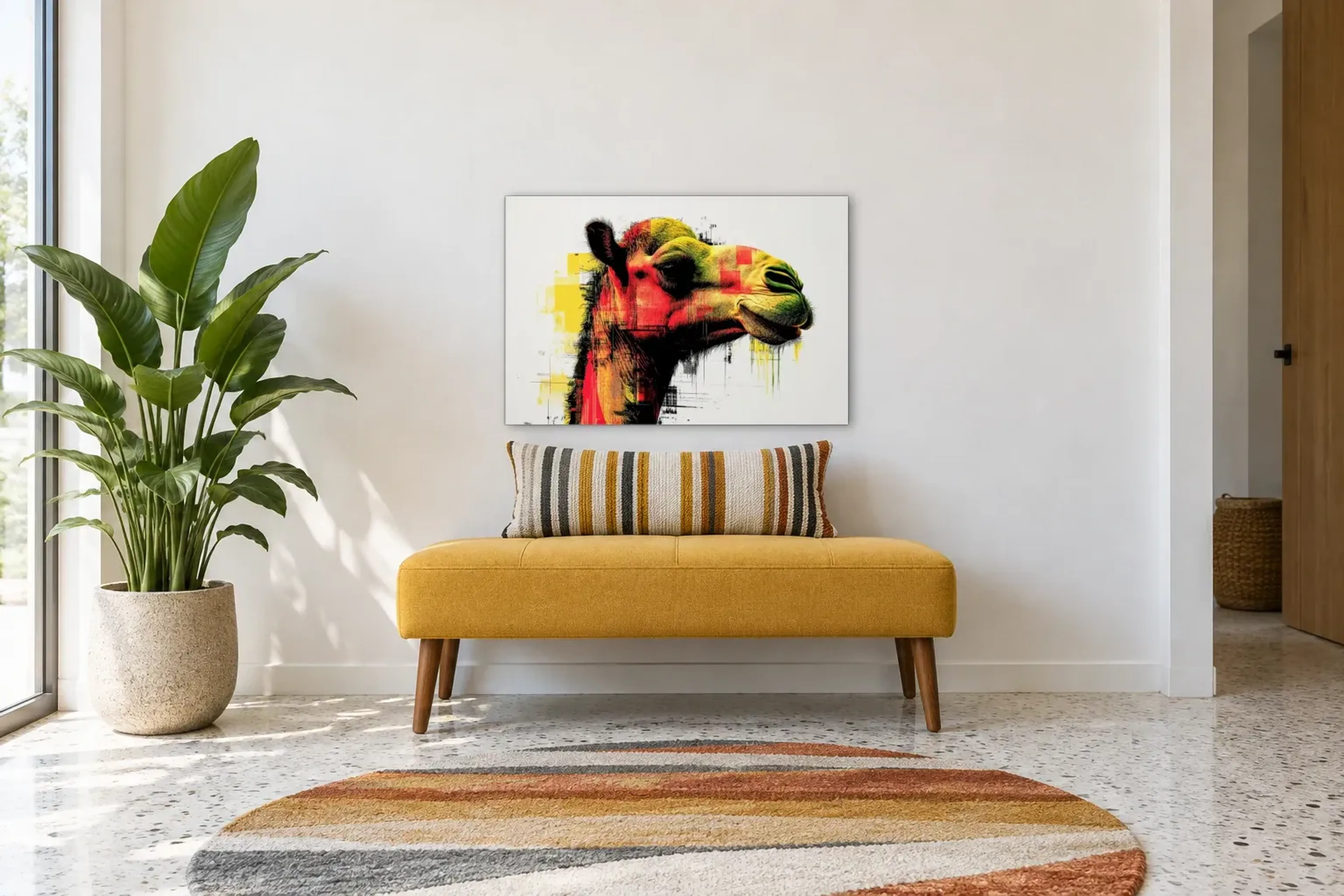 Kamel im Profil als Wandbild über einer 120-cm-Bank