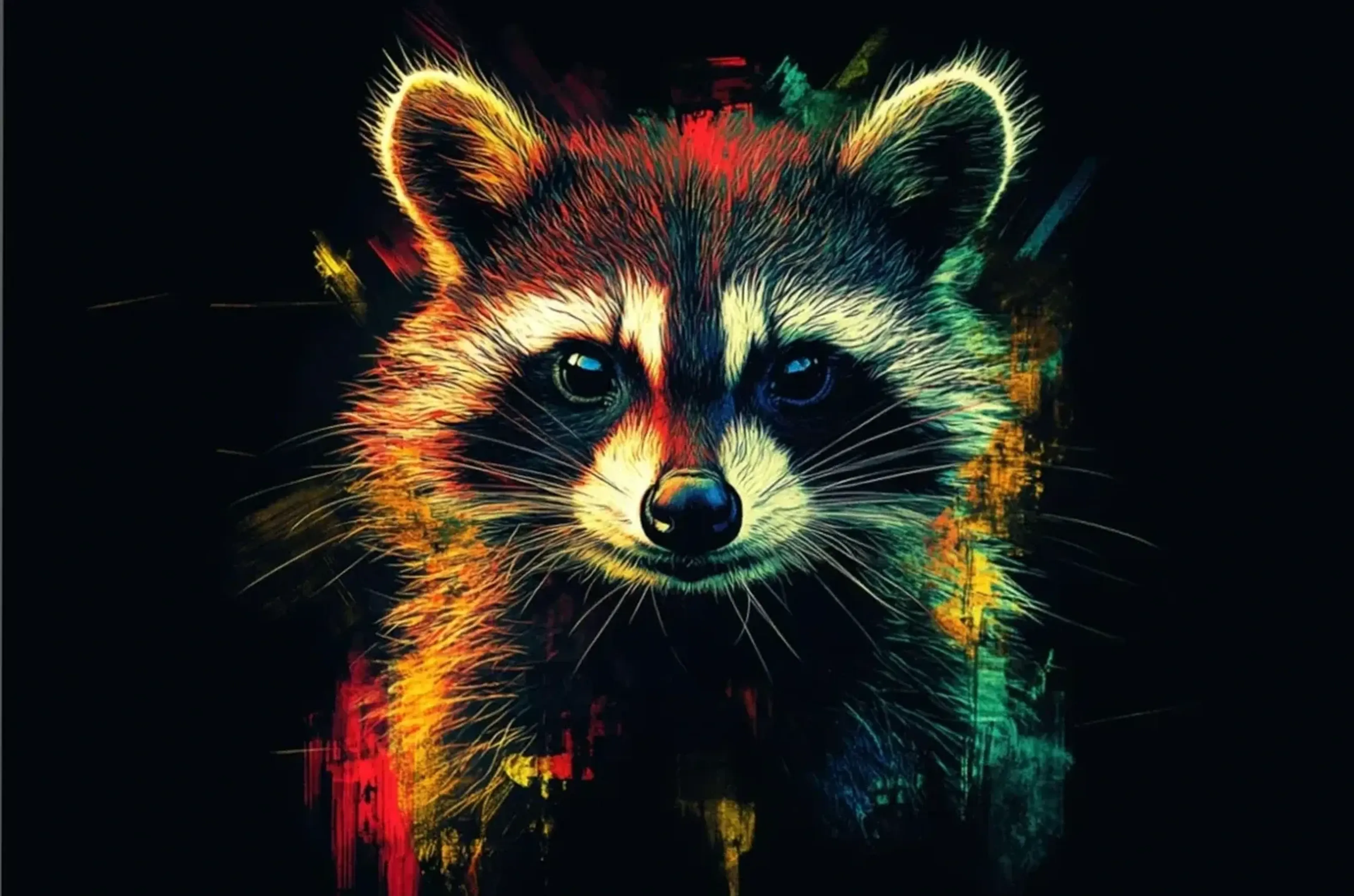Waschbär mit wachem Blick – Motiv als Wandbild auf Holz