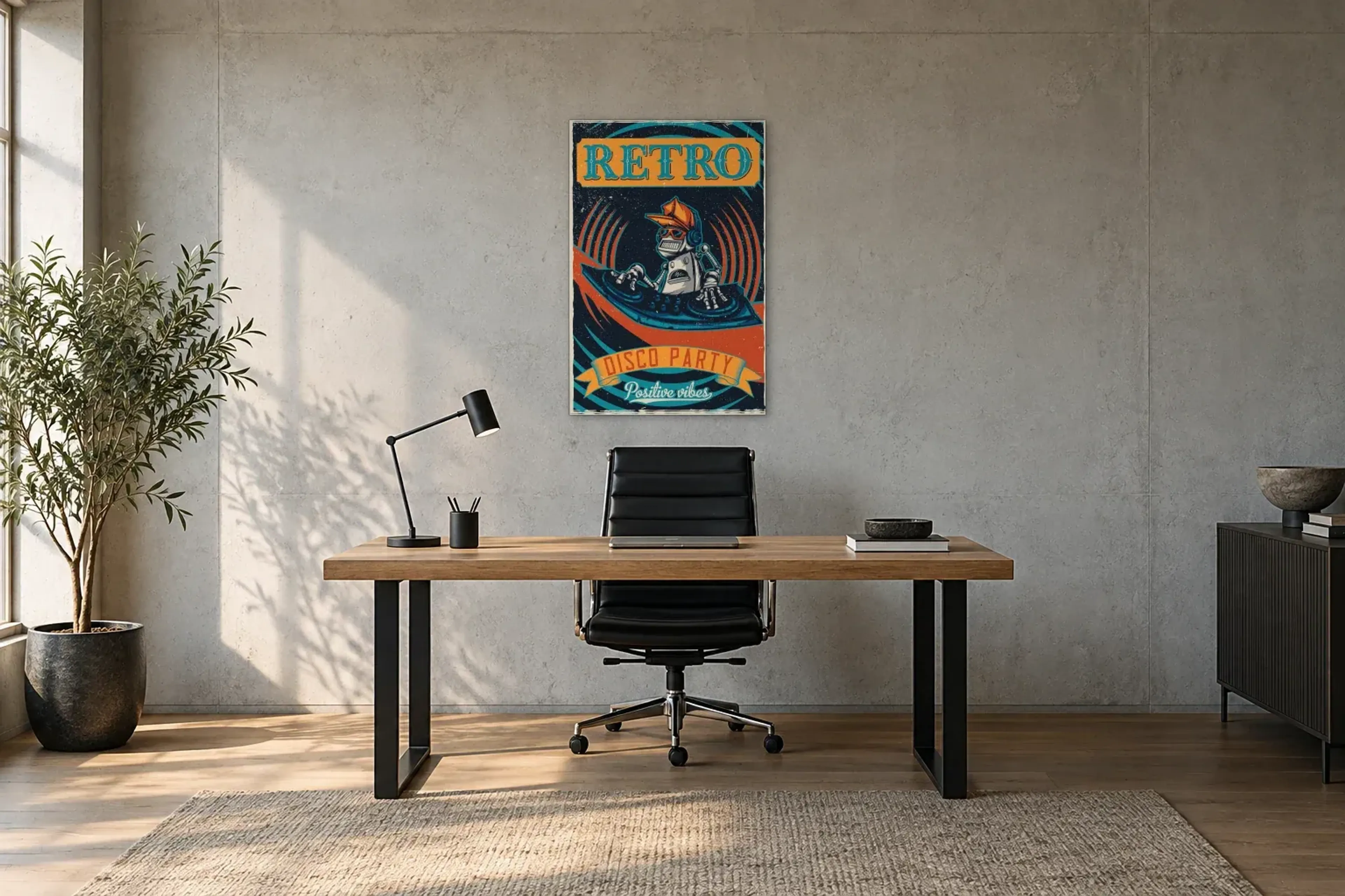 Disco Party als Wandbild über einem 160-cm-Schreibtisch