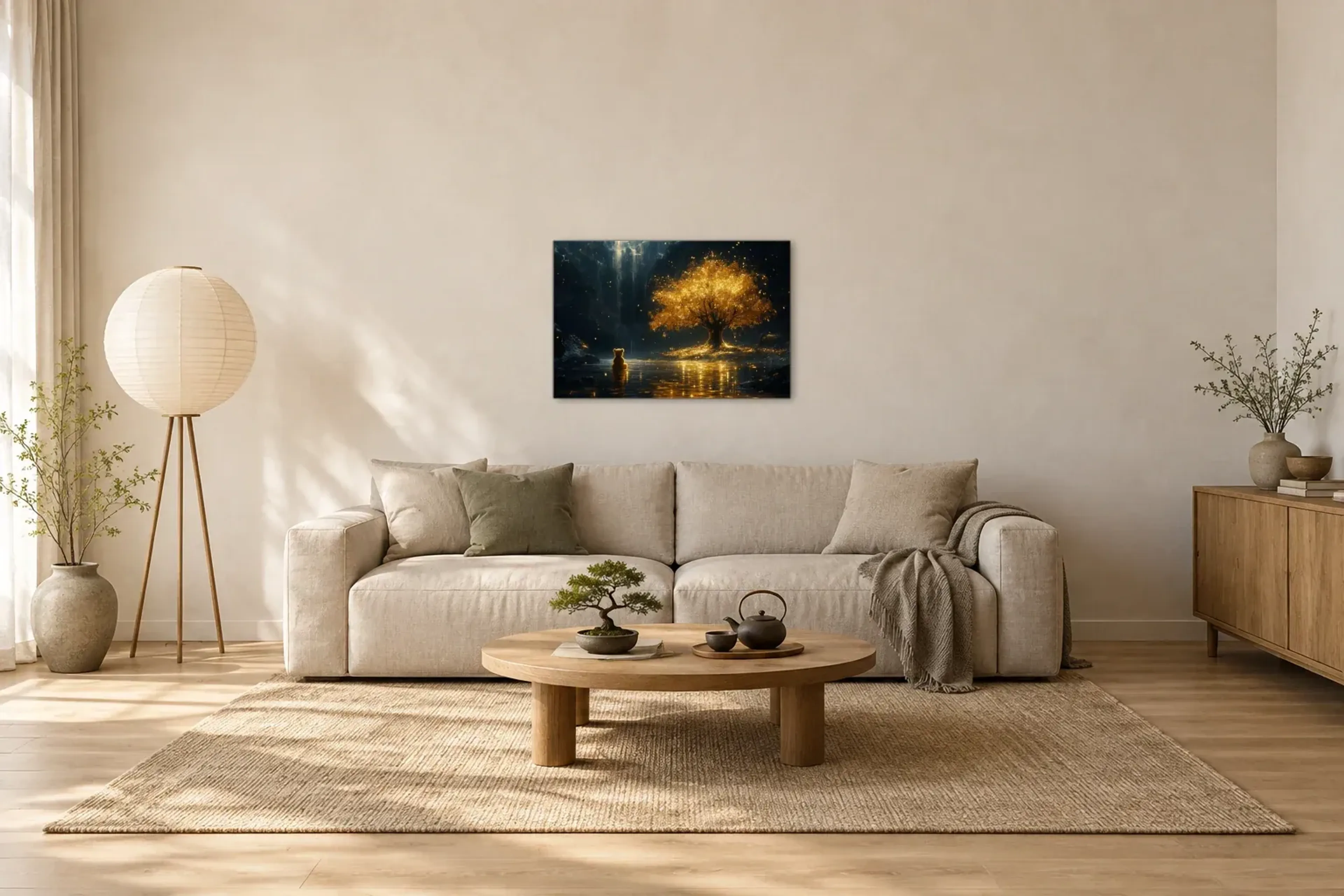 Bärenzauber als Wandbild über einem 220-cm-Sofa
