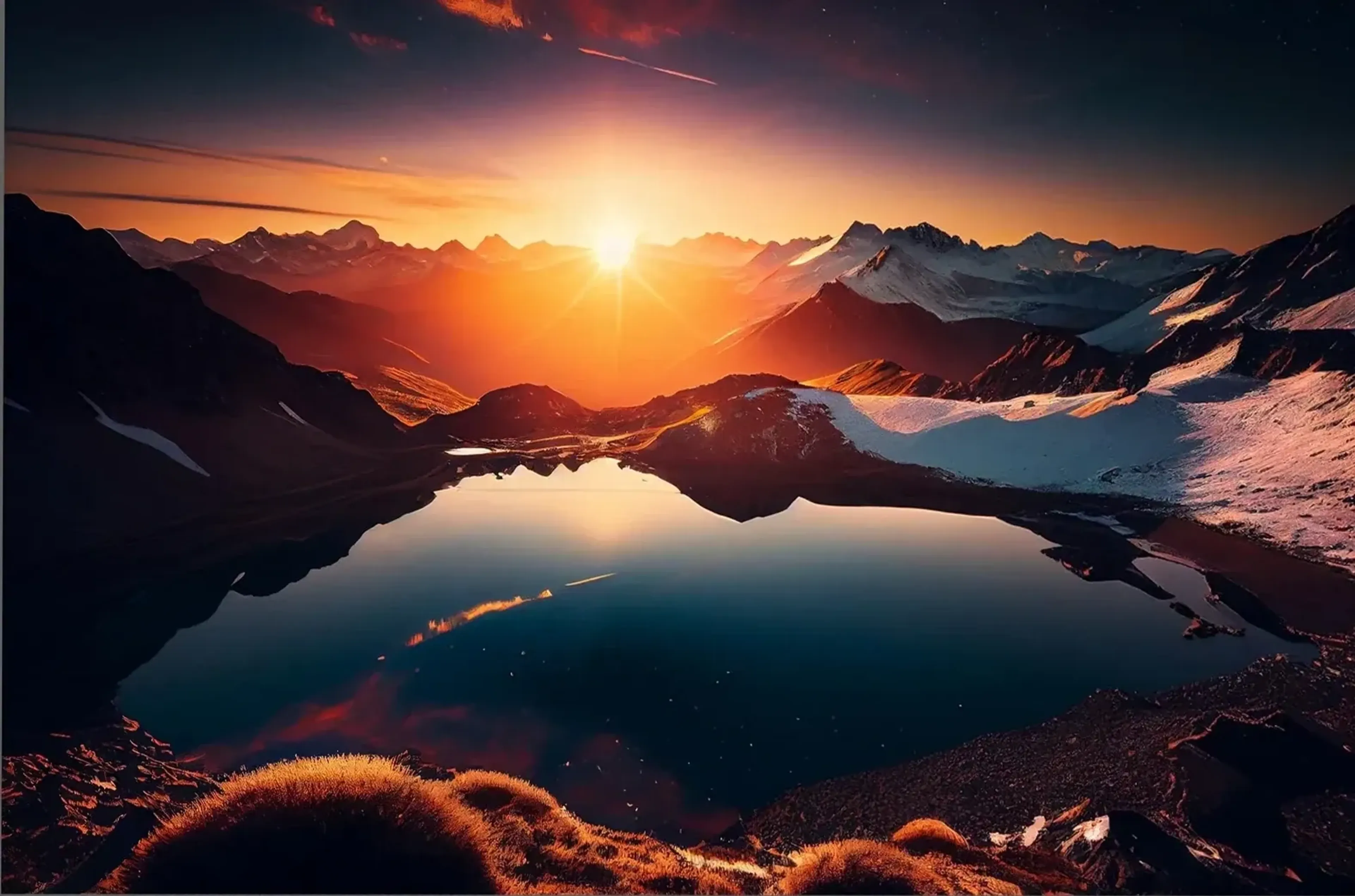 Orangefarbener Sonnenuntergang über schneebedeckten Bergen und einem dunklen See mit Spiegelungen.
