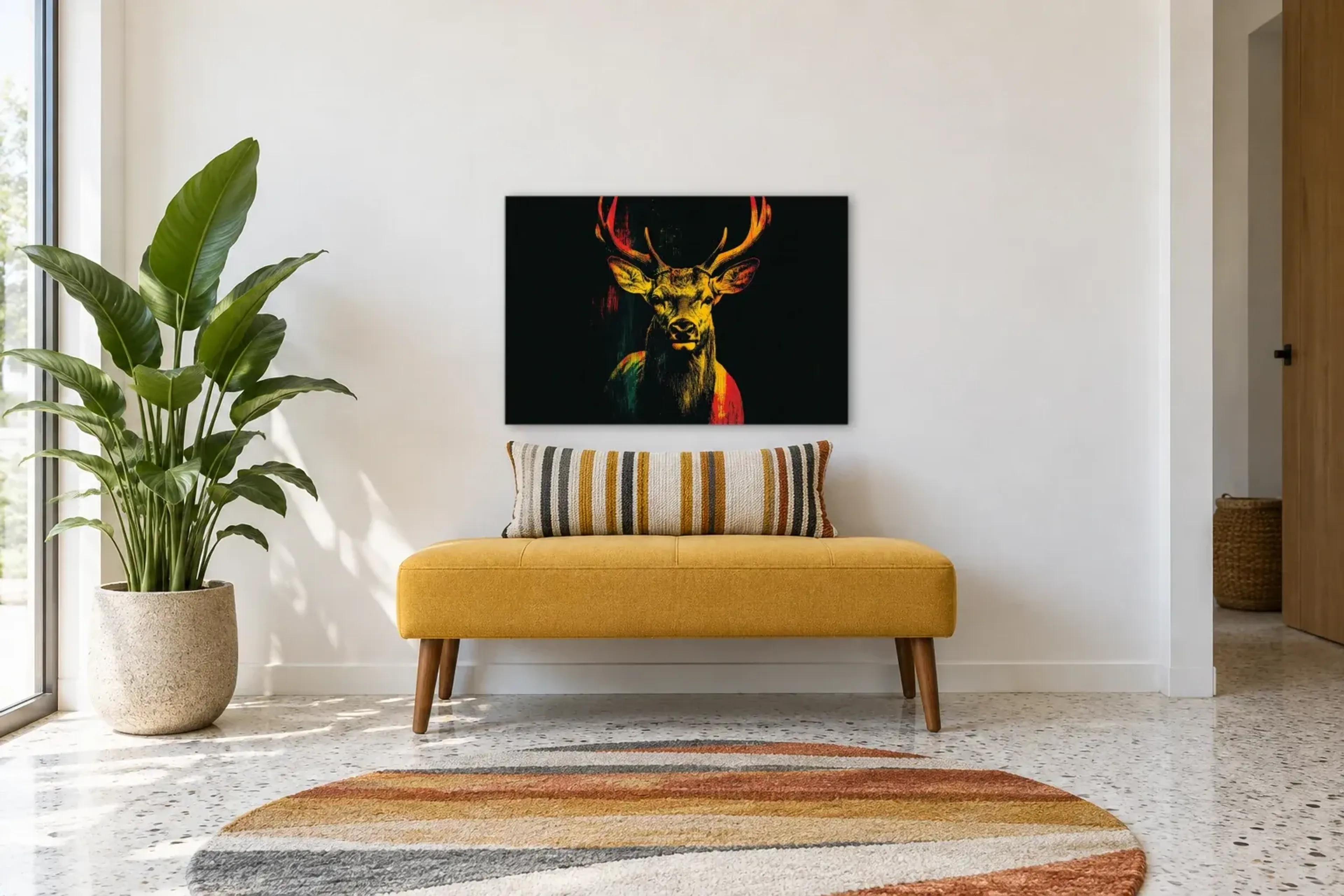 Hirsch im Dunkeln als Wandbild über einer 120-cm-Bank