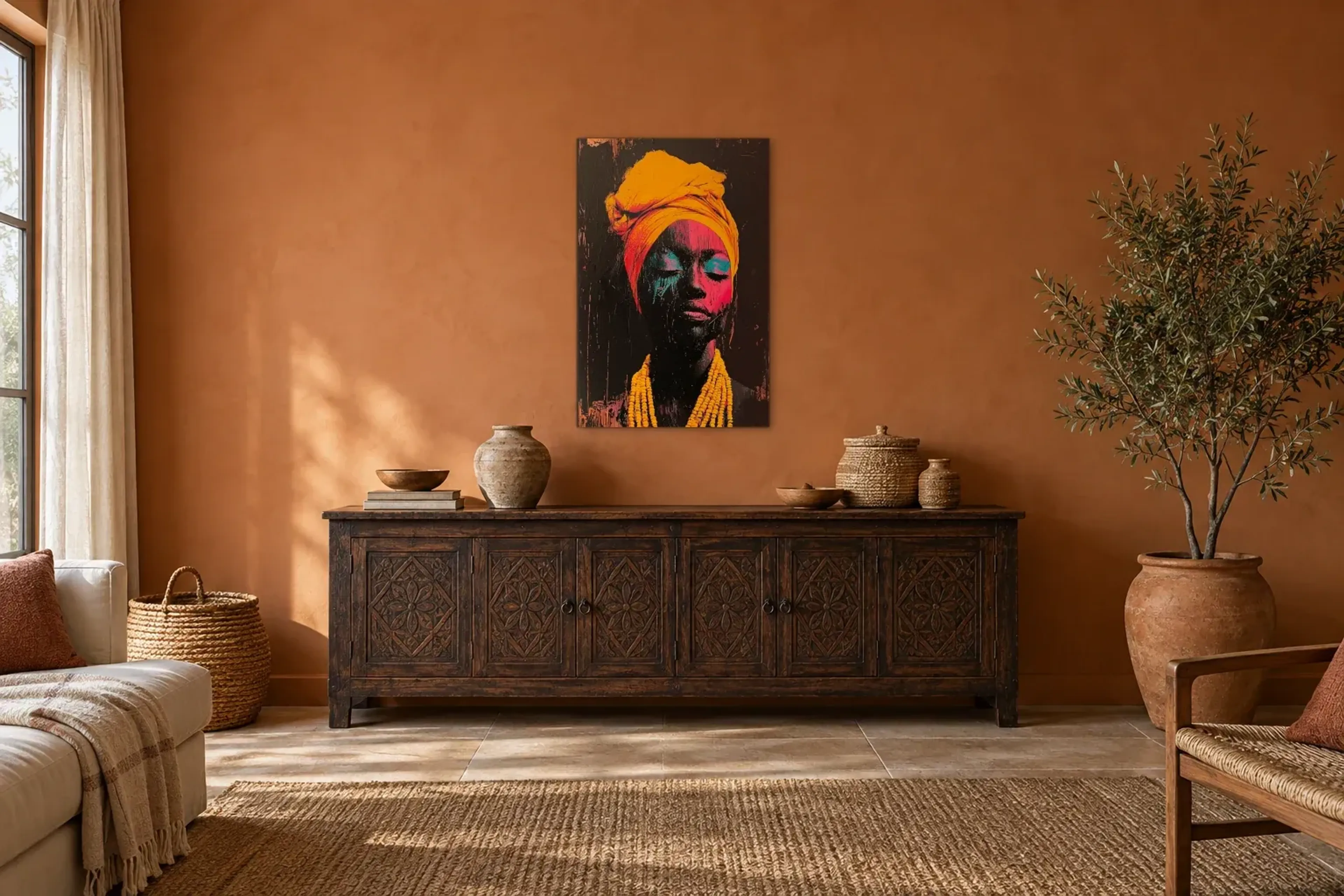 Porträt mit gelbem Kopftuch als Wandbild über einem 180-cm-Sideboard