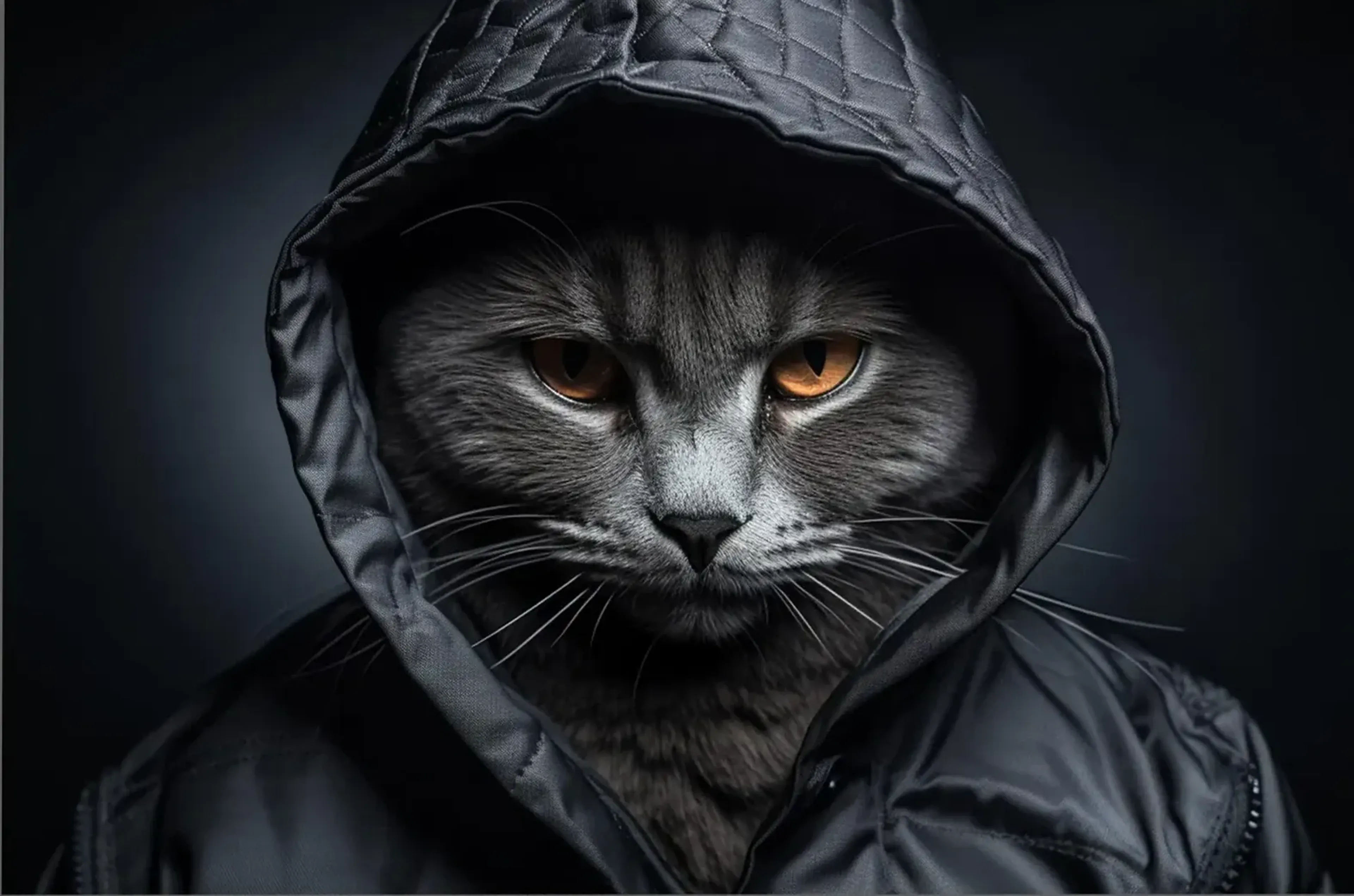 Graue Katze mit bernsteinfarbenen Augen und schwarzer gesteppter Kapuze vor dunklem Hintergrund.