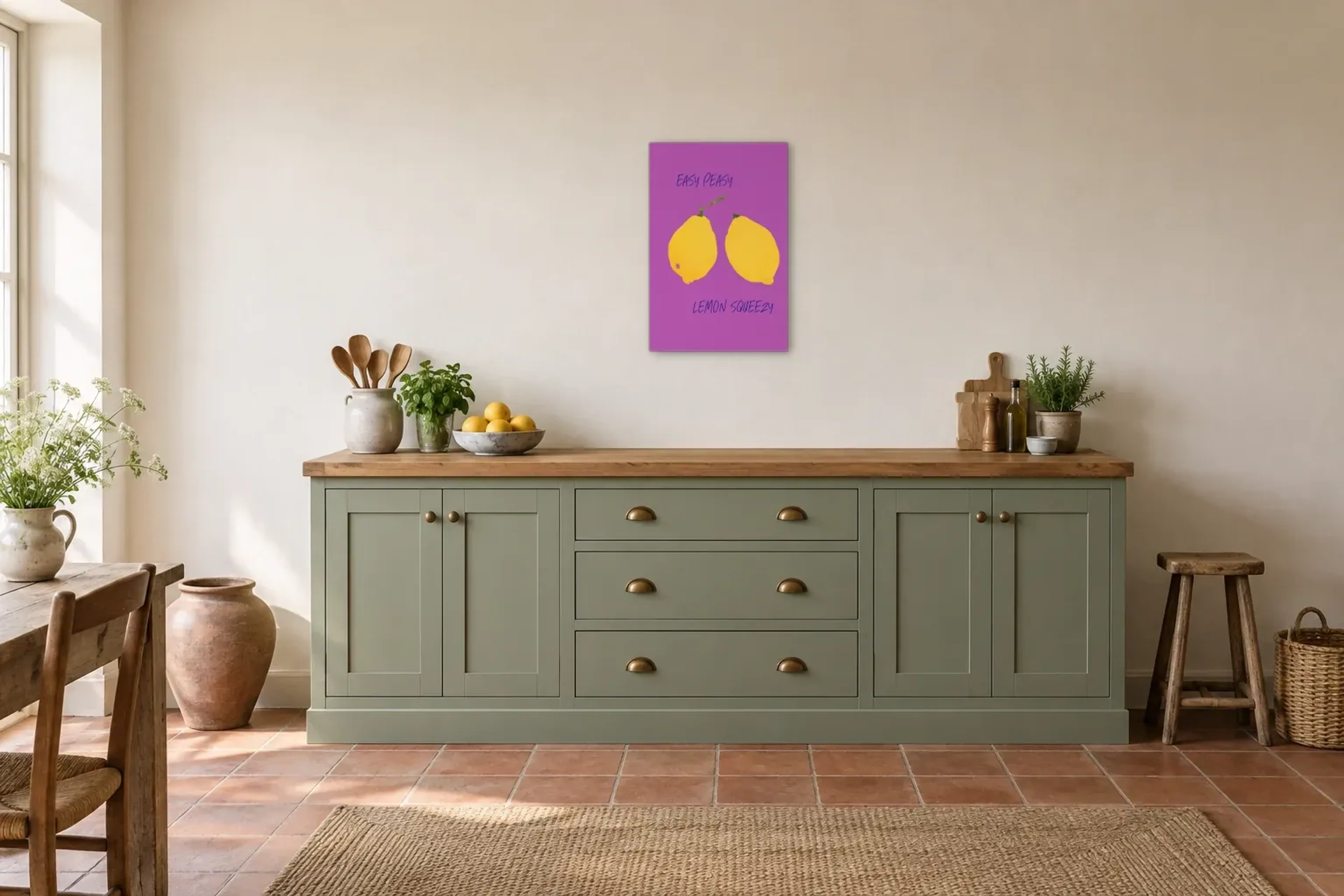 Easy Peasy Lemon Squeezy als Wandbild über einer 200-cm-Arbeitsplatte