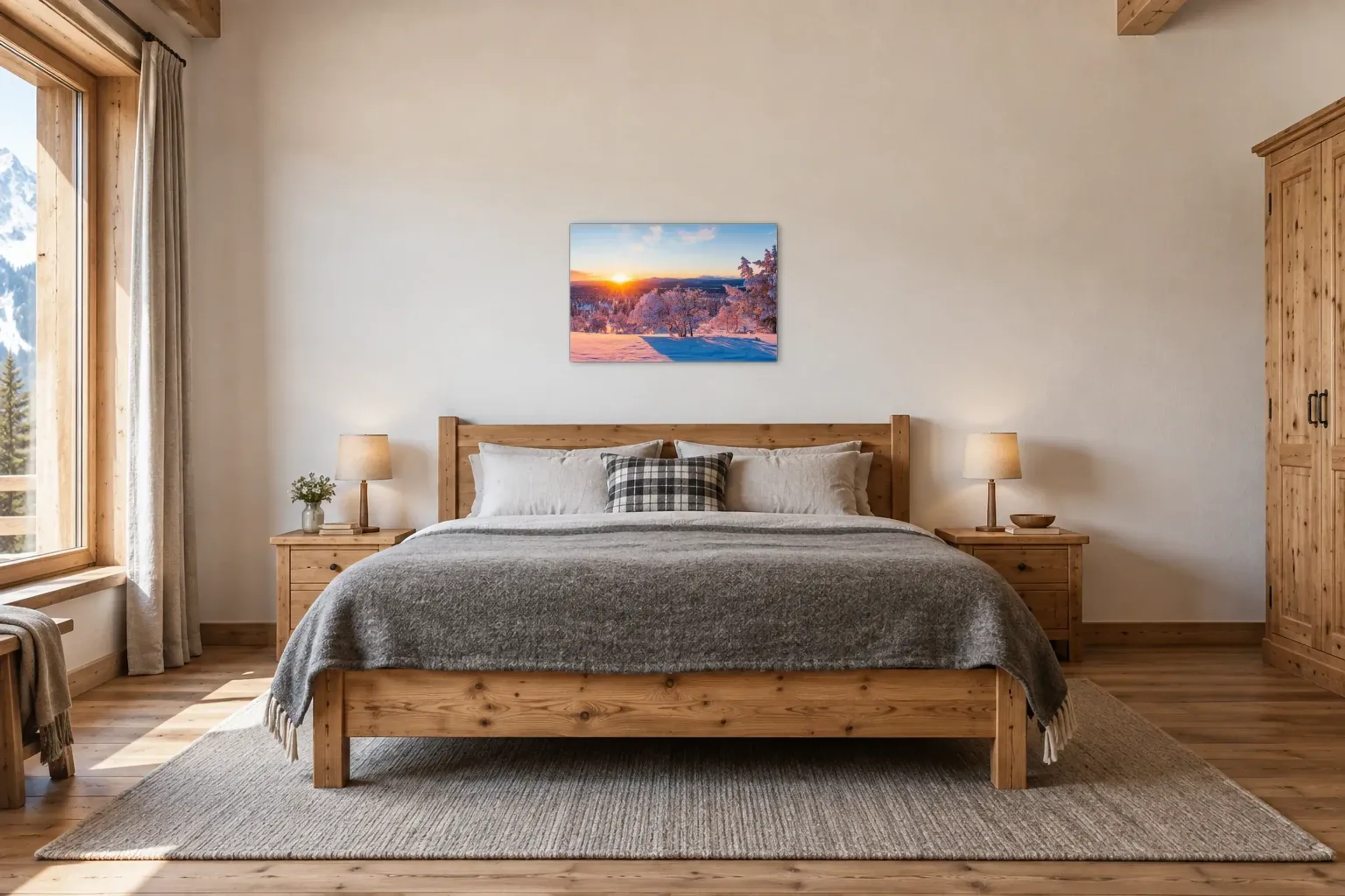 Winterlandschaft im Sonnenlicht als Wandbild über einem 180-cm-Bett