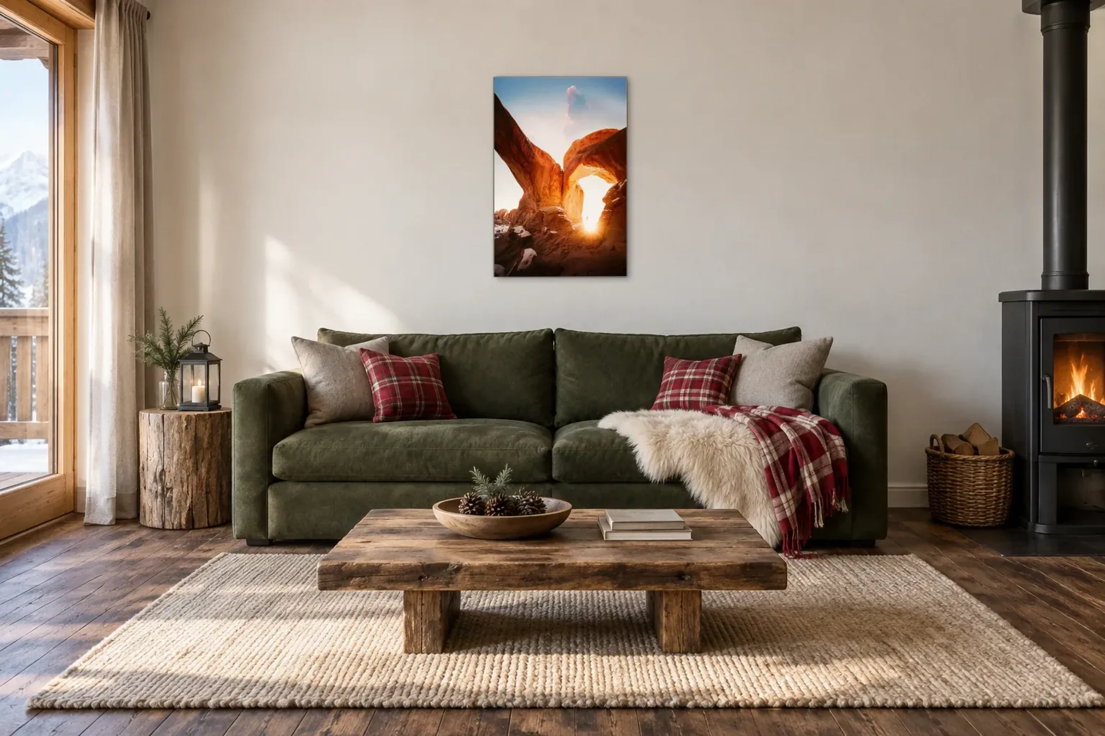 Sonnenstrahl im Felsbogen als Wandbild über einem 220-cm-Sofa
