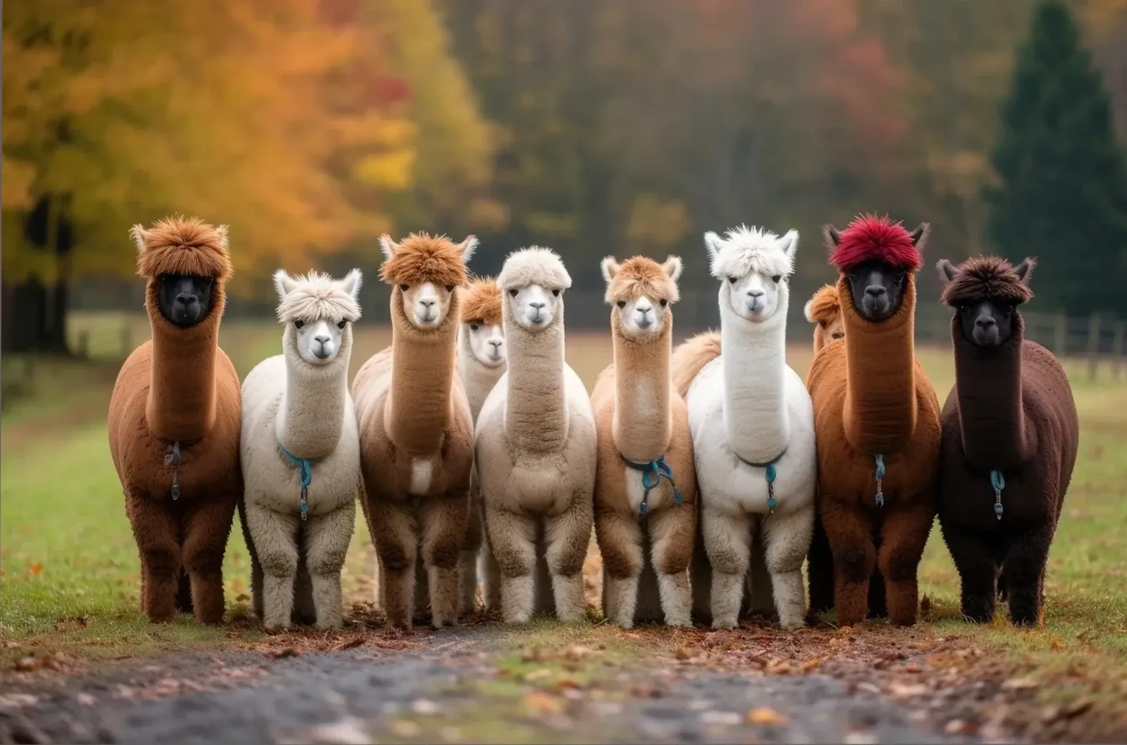 Alpakas mit hellem und dunklem Fell stehen dicht beieinander auf einem Weg vor herbstlichen Bäumen.